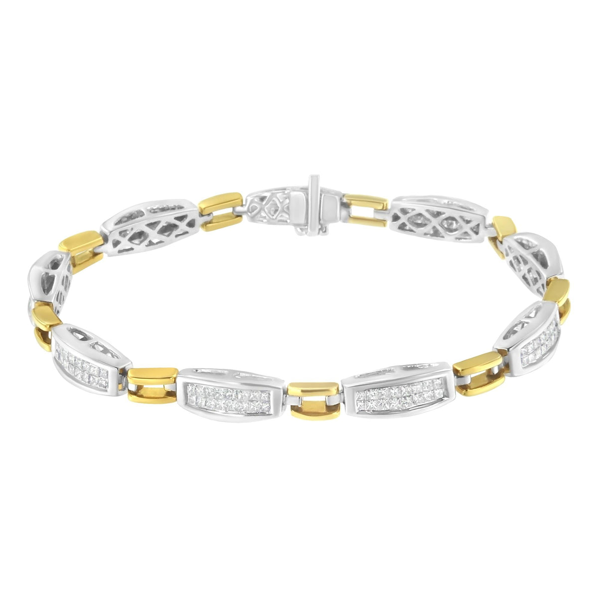14K Yellow and White Gold 2.0 Cttw Princess Cut Diamond Tapered and Equal Sign Link Bracelet (G-H Color, SI1-SI2 Clarity) - 7'