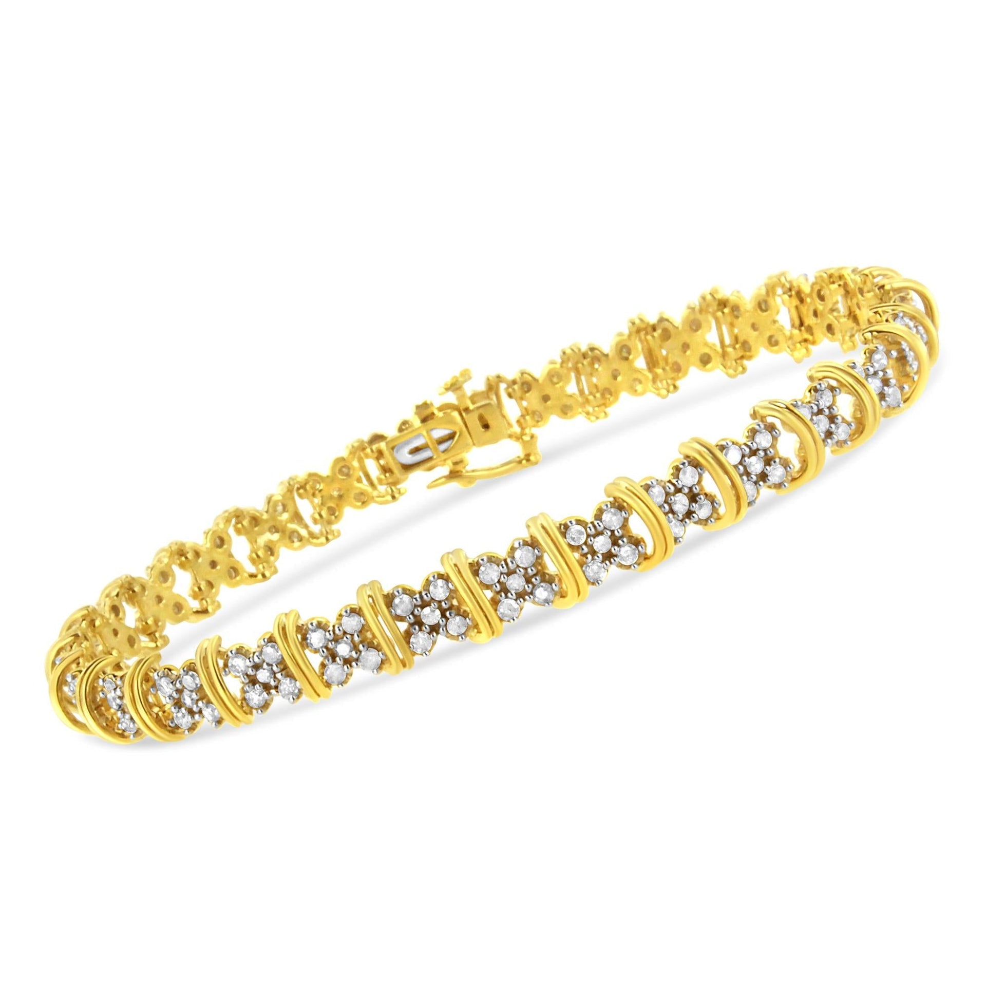 10K Yellow Gold Plated .925 Sterling Silver 2.0 Cttw Round Diamond Cluster 'X' Shaped Link Bracelet (H-I Color, I3 Clarity) - 7'