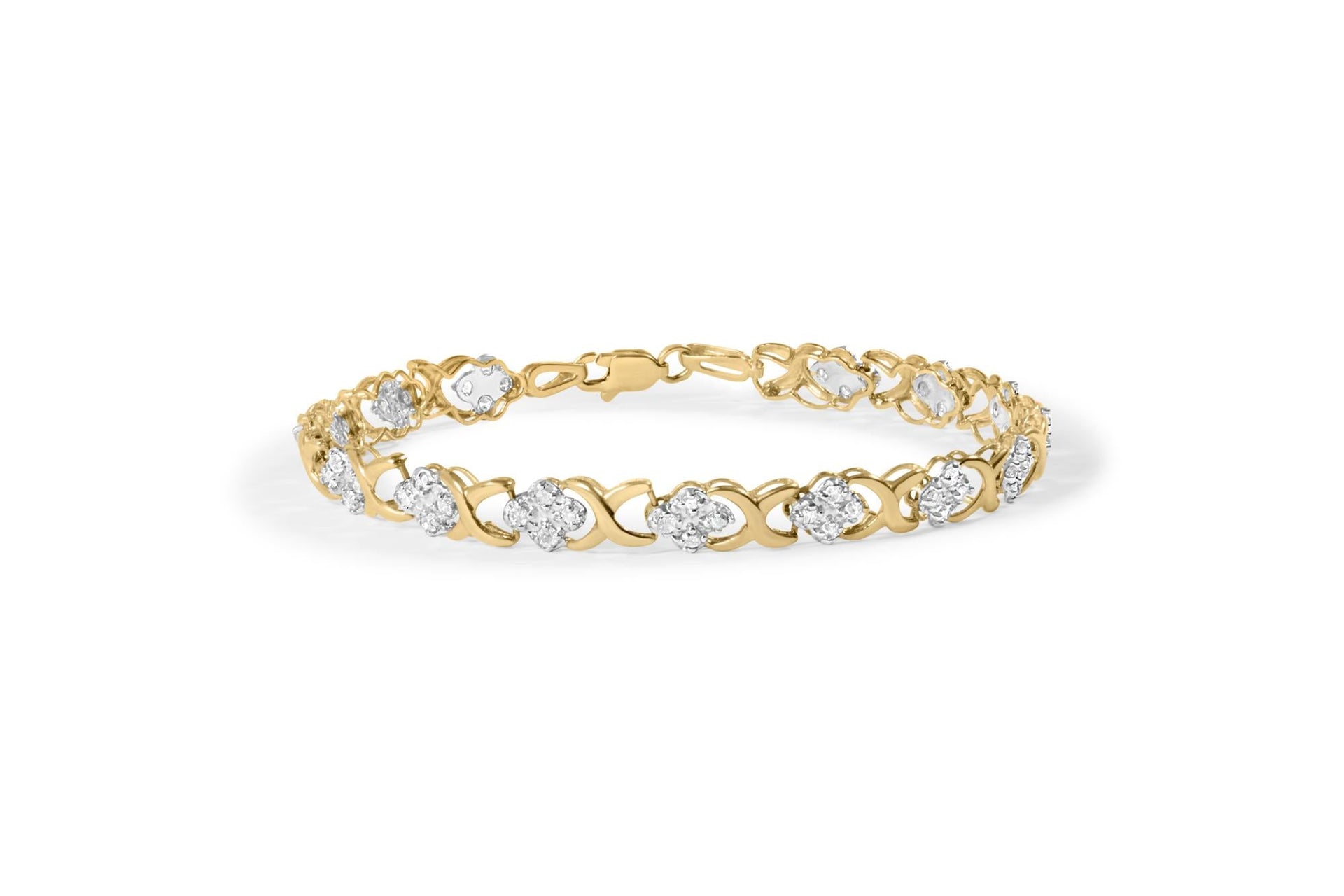 10K Yellow Gold 1.00 Cttw Diamond 5 Stone Floral Cluster and 'X' Link 7' Bracelet (I-J Color, I3 Clarity)