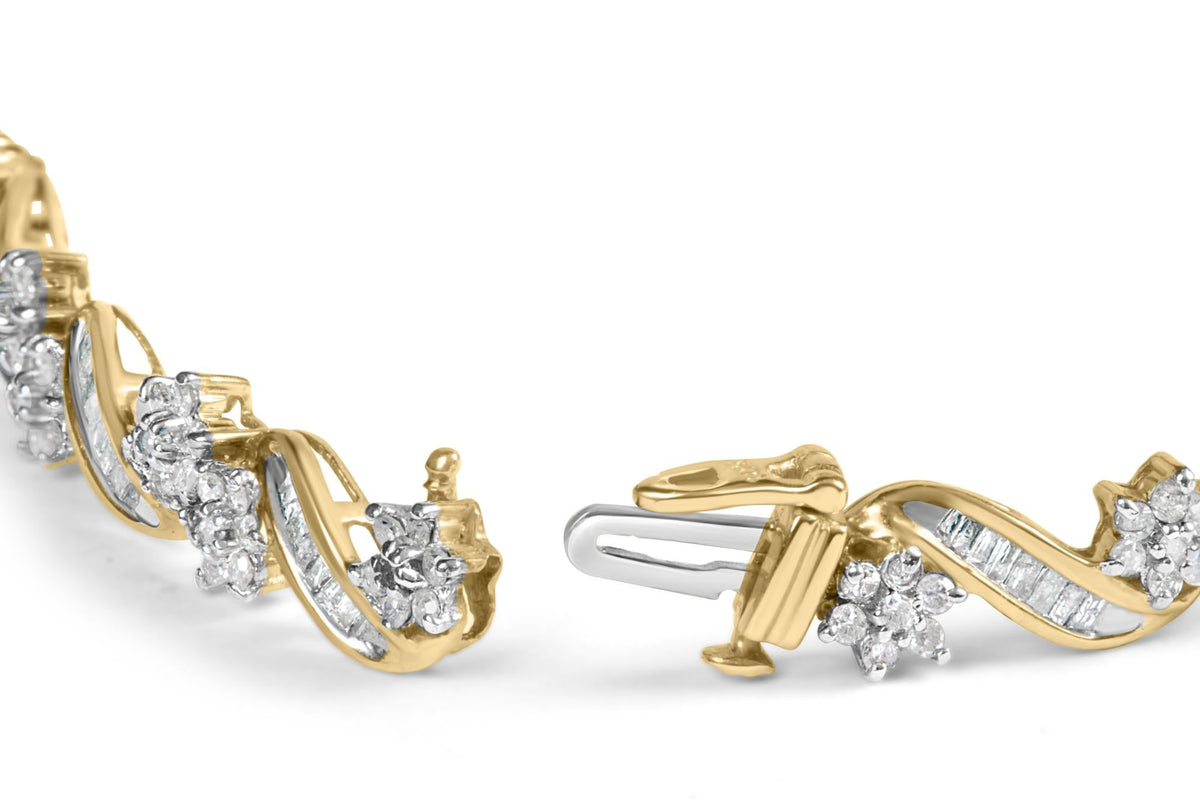 10k Yellow Gold 3.00 Cttw Round-Cut and Baguette-Cut Floral Link 7.25' Bracelet (I-J Color, I1-I2 Clarity)