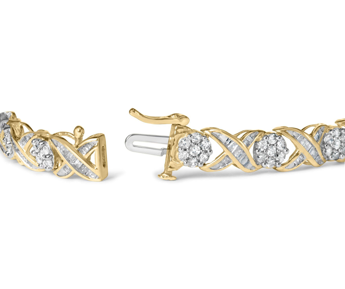 10K Yellow Gold 3.00 Cttw Round-Cut and Baguette-Cut Diamond 'XOXO' Floral Design 7.50' Bracelet (J-K Color, I1-I2 Clarity)