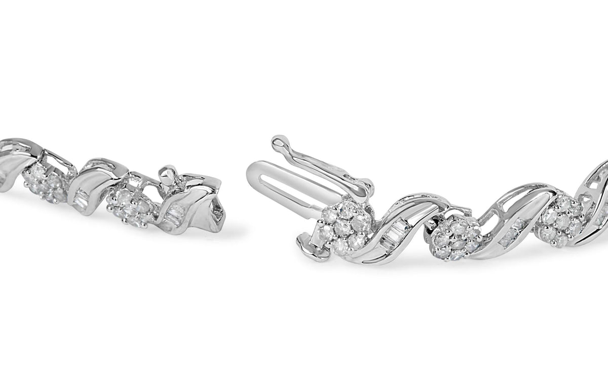10K White Gold 2.00 Cttw Round-Cut and Baguette-Cut Diamond Floral Design Swirl Link 7' Bracelet (I-J Color, I1-I2 Clarity)