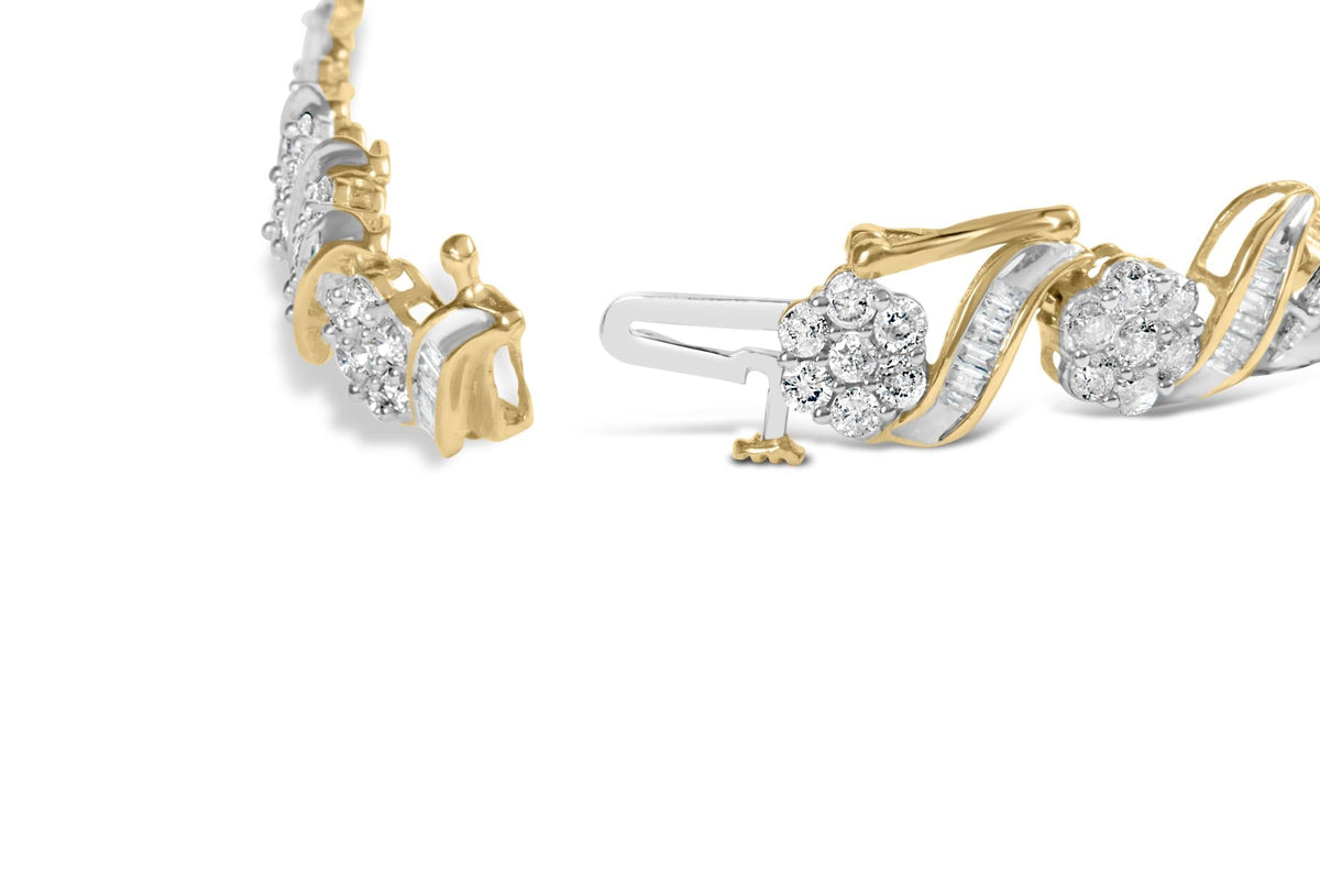10k Yellow Gold 5.00 Cttw Round-Cut and Baguette-Cut Diamond Floral Link 7.25' Bracelet (I-J Color, I2-I3 Clarity)