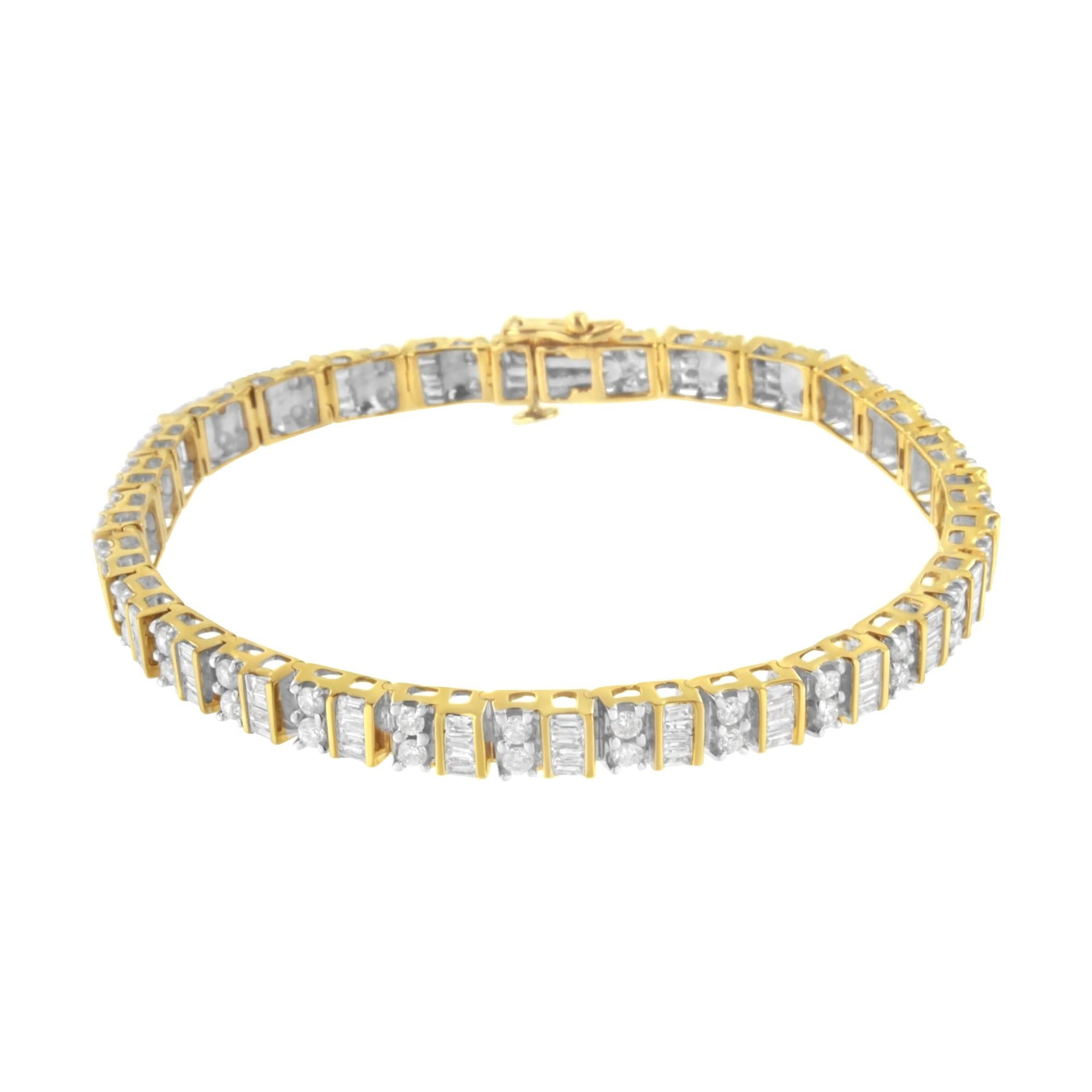 10K Yellow Gold 4.0 Cttw Alternating Baguette & Round Cut Diamond Bezel- & Prong-Set 7' Tennis Bracelet (G-H Color, SI1-SI2 Clarity)