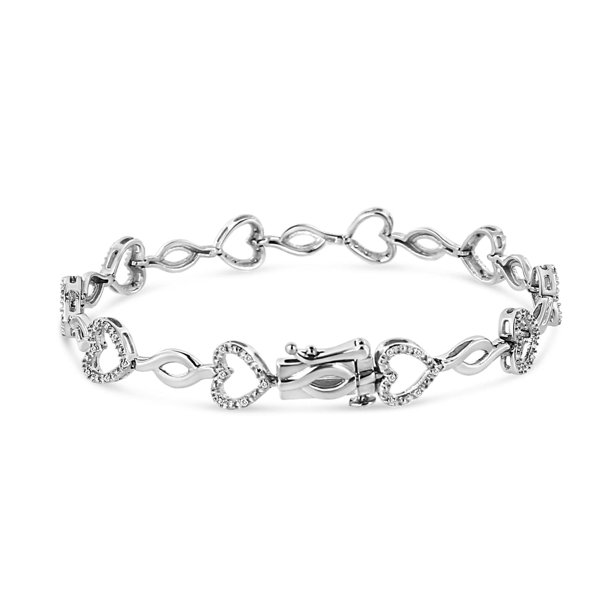 .925 Sterling Silver 1/4 Cttw Round-Cut Diamond Alternating Heart and Leaf Link Bracelet (I-J Color, I3 Clarity) - Size 7.25'