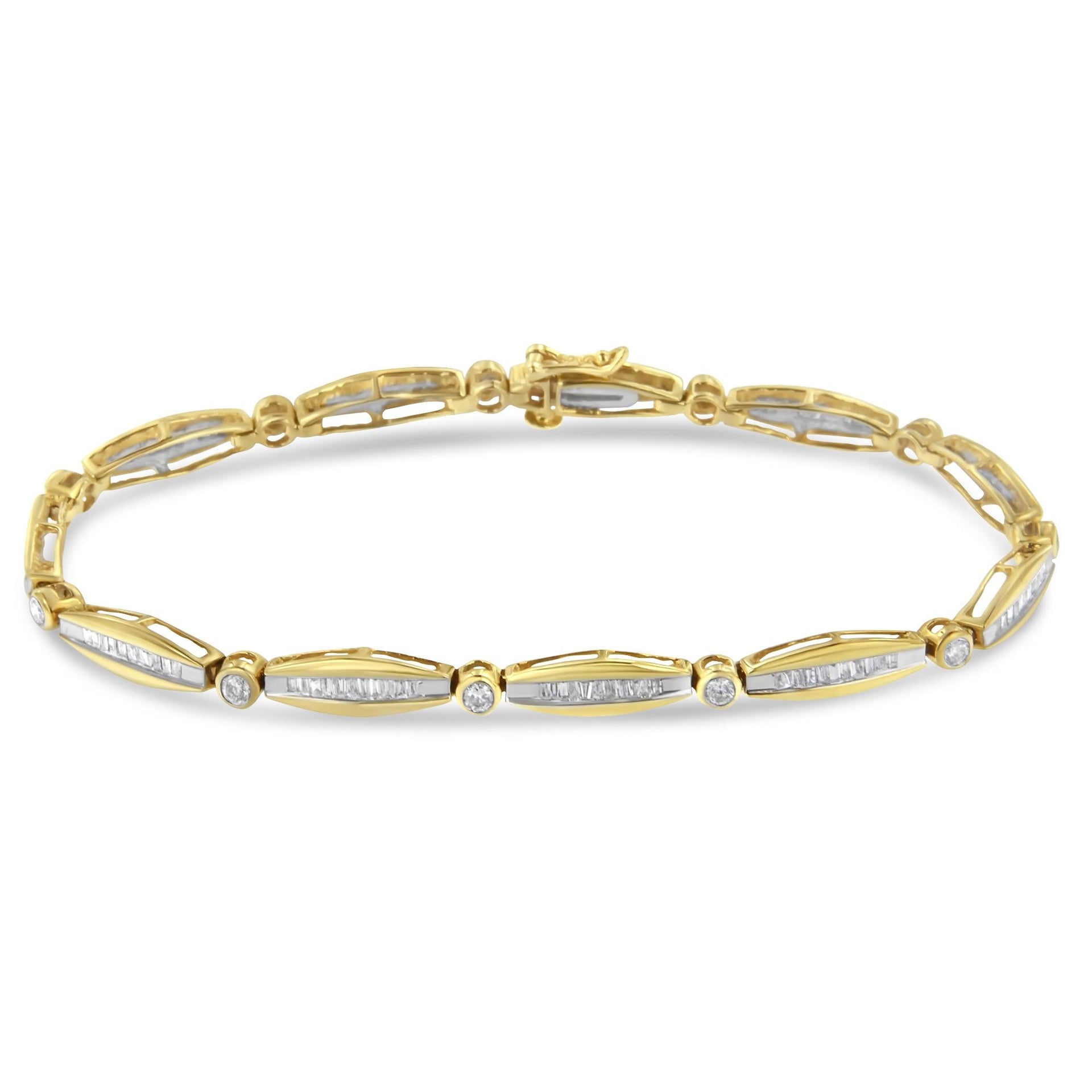 14K Yellow Gold 1-1/2 Cttw Round Brilliant-Cut & Baguette Cut Diamond Bezel and Tapered Link 7' Tennis Bracelet (H-I Color, I1-I2 Clarity)