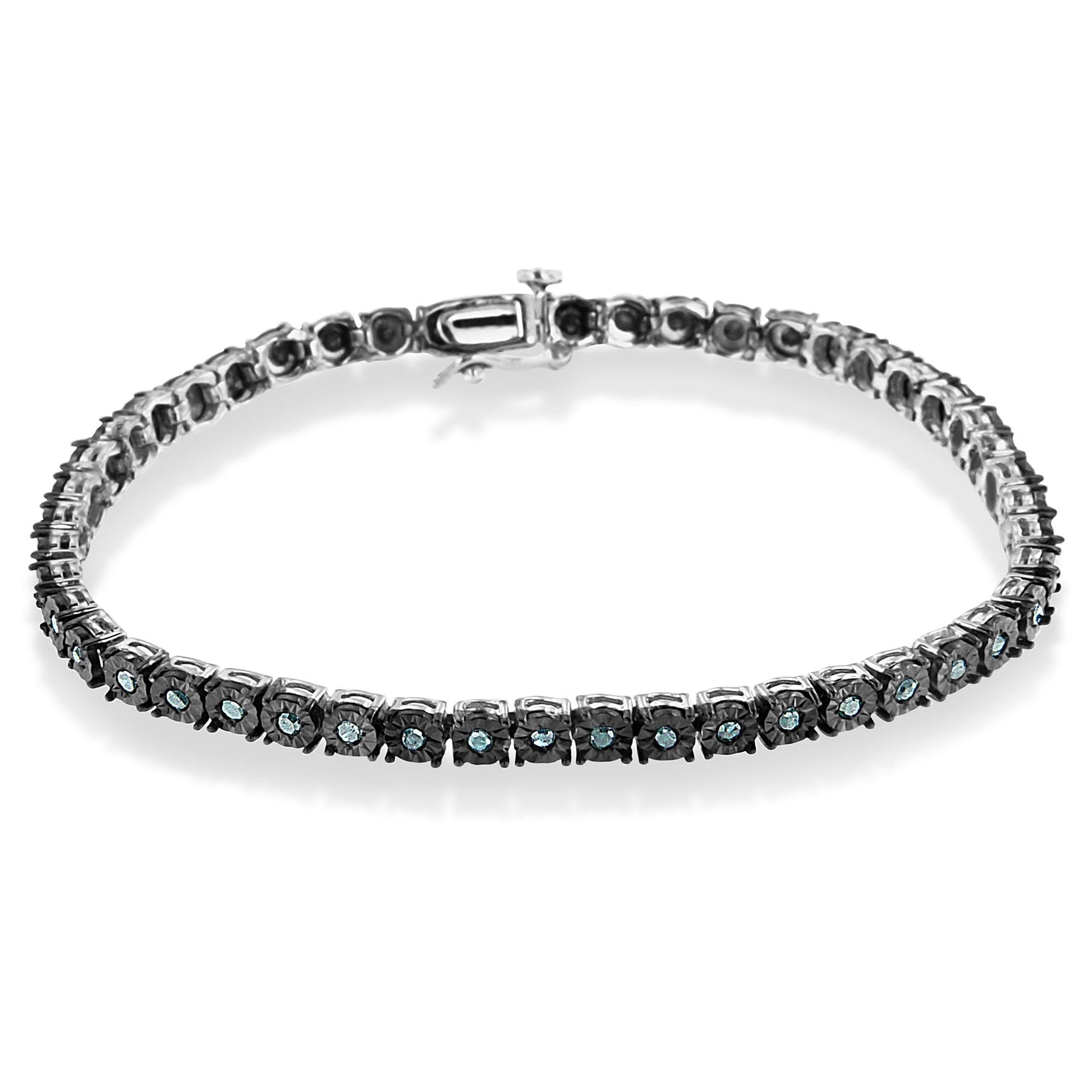 Black Rhodium Plated .925 Sterling Silver 1.0 Cttw Diamond Miracle Tennis Bracelet (Enhanced Blue Color, I3 Clarity) - 7'