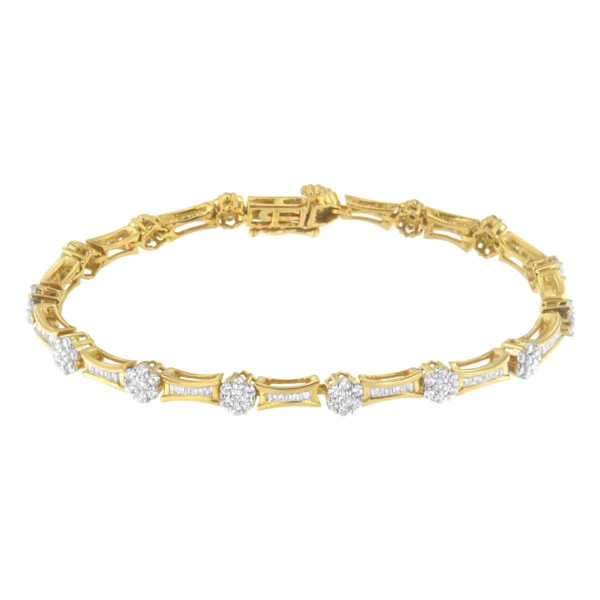 10K Yellow and White Gold 2.00 cttw Round and Baguette-Cut Diamond Link Bracelet (I-J Color, I2-I3 Clarity) - Size 7.25'