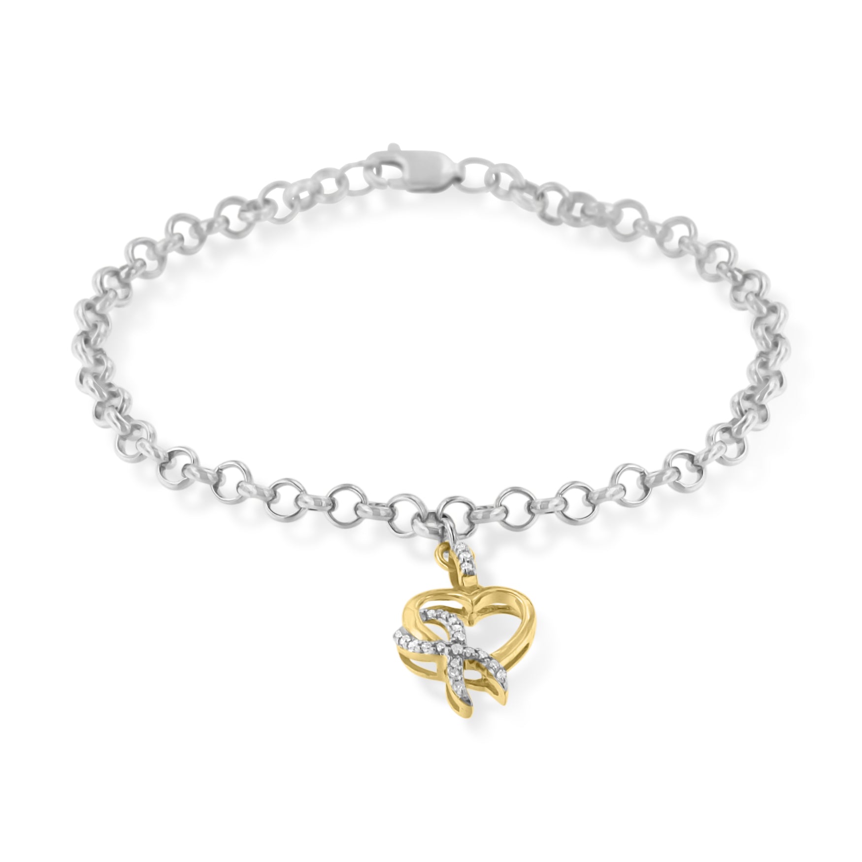 10K Yellow Gold 1/10 Cttw Diamond Awareness Ribbon & Heart Charm on 7' .925 Sterling Silver Rolo Bracelet (H-I Color, I1-I2 Clarity)