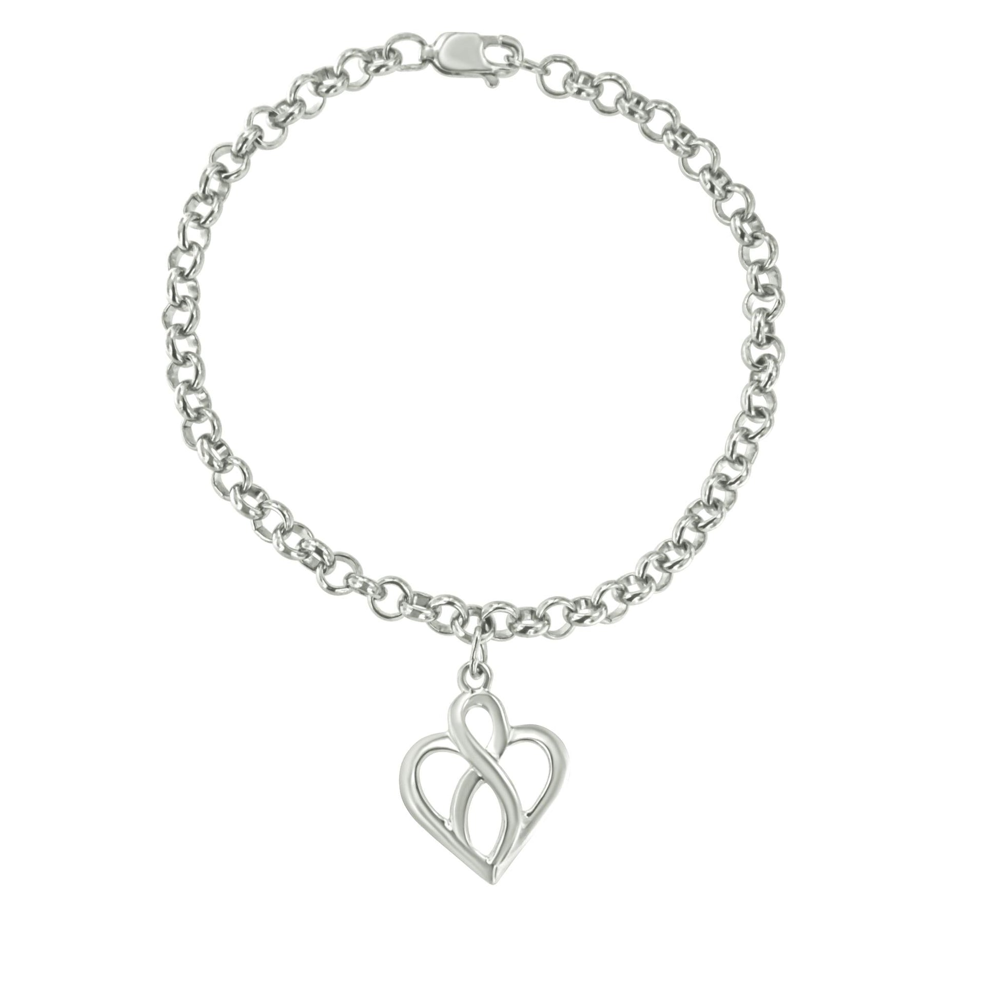 .925 Sterling Silver Open Heart with Center Vertical Infinity Chain Charm Bracelet - Size 7'