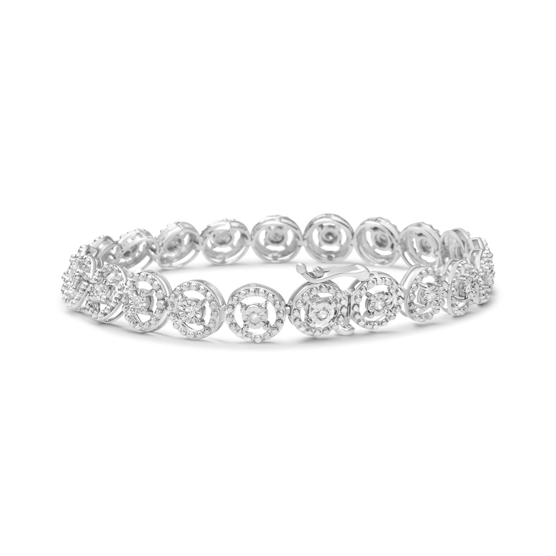 .925 Sterling Silver 1/2 Cttw Diamond Nested Circle Miracle Set Open Wheel 7' Fashion Link Bracelet (I-J Color, I3 Clarity)