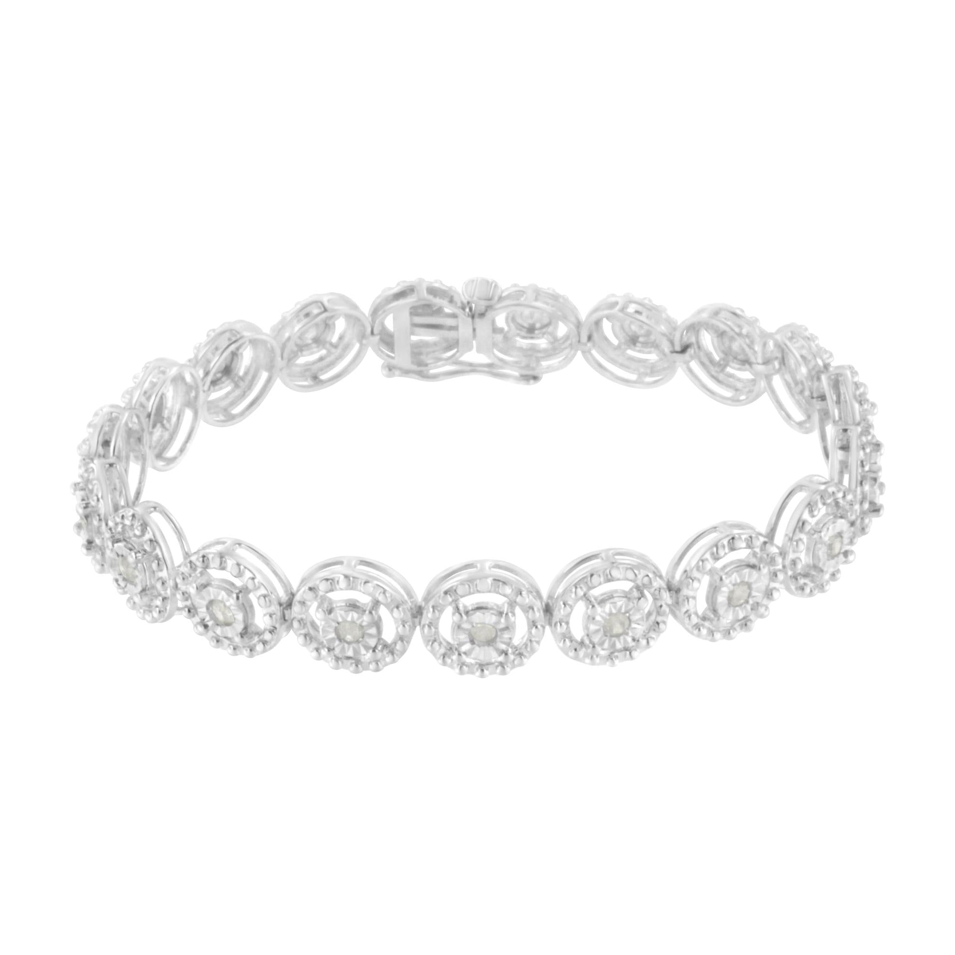 .925 Sterling Silver 1.0 Cttw Diamond Nested Circle Miracle Set Open Wheel 7' Fashion Link Bracelet (I-J Color, I3 Clarity)