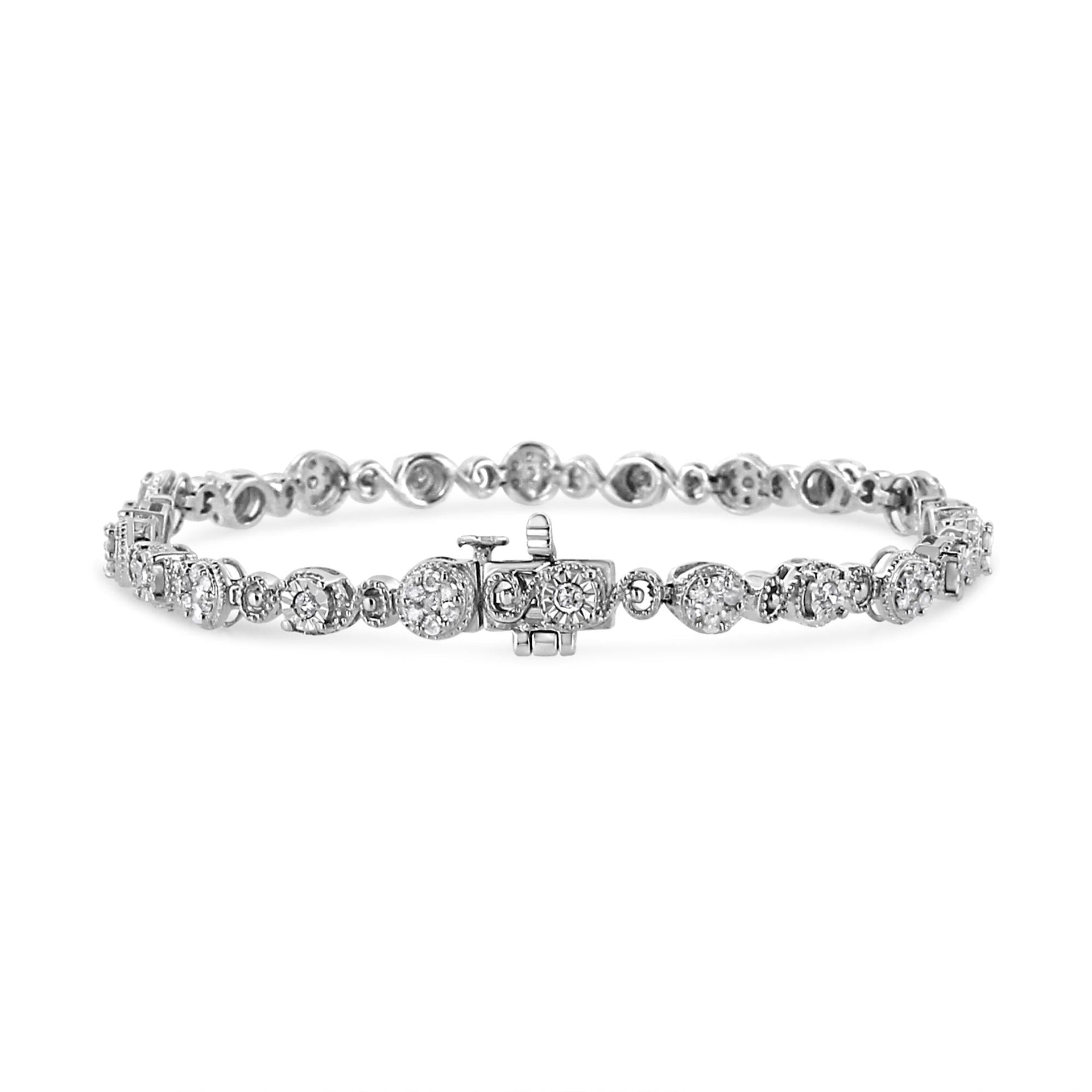 .925 Sterling Silver 1.0 Cttw Diamond Swirl Beaded Link Bracelet (I-J Color, I3-Promo Clarity) - 7.25' Inches