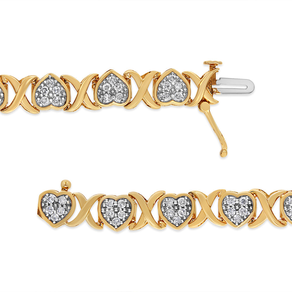 14KY Yellow Gold Plated .925 Sterling Silver 1.00 Cttw Diamond Heart and X Link Bracelet (I-J Color, I3 Clarity) - 7.25' Inches