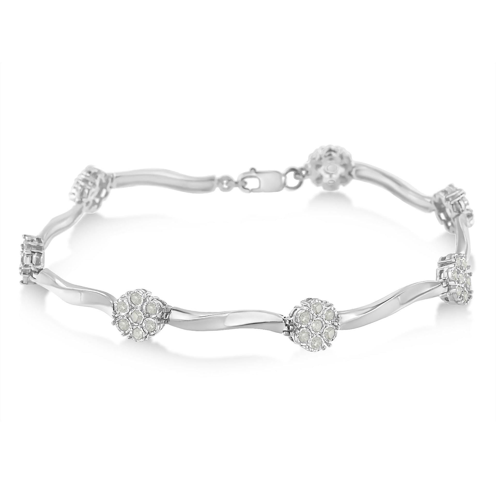 .925 Sterling Silver 1/4 Cttw Diamond Cluster Miracle-Set Station & Twisted Bar 7' Tennis Bracelet (H-I Color, I2-I3 Clarity)