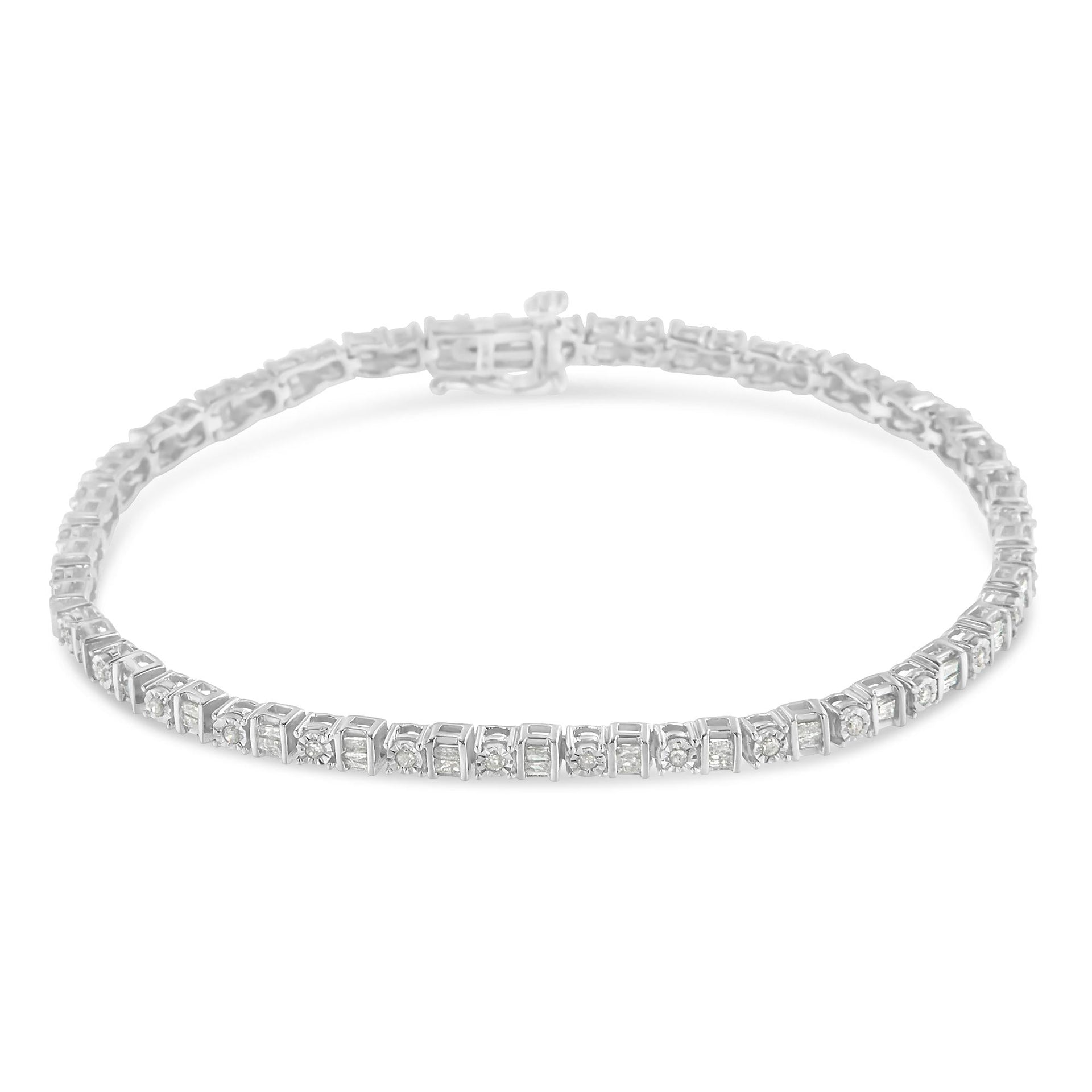 .925 Sterling Silver 1.0 Cttw Round & Baguette Cut Diamond 7' Alternating Round and Square Station Tennis Bracelet (I-J Color, I3 Clarity)