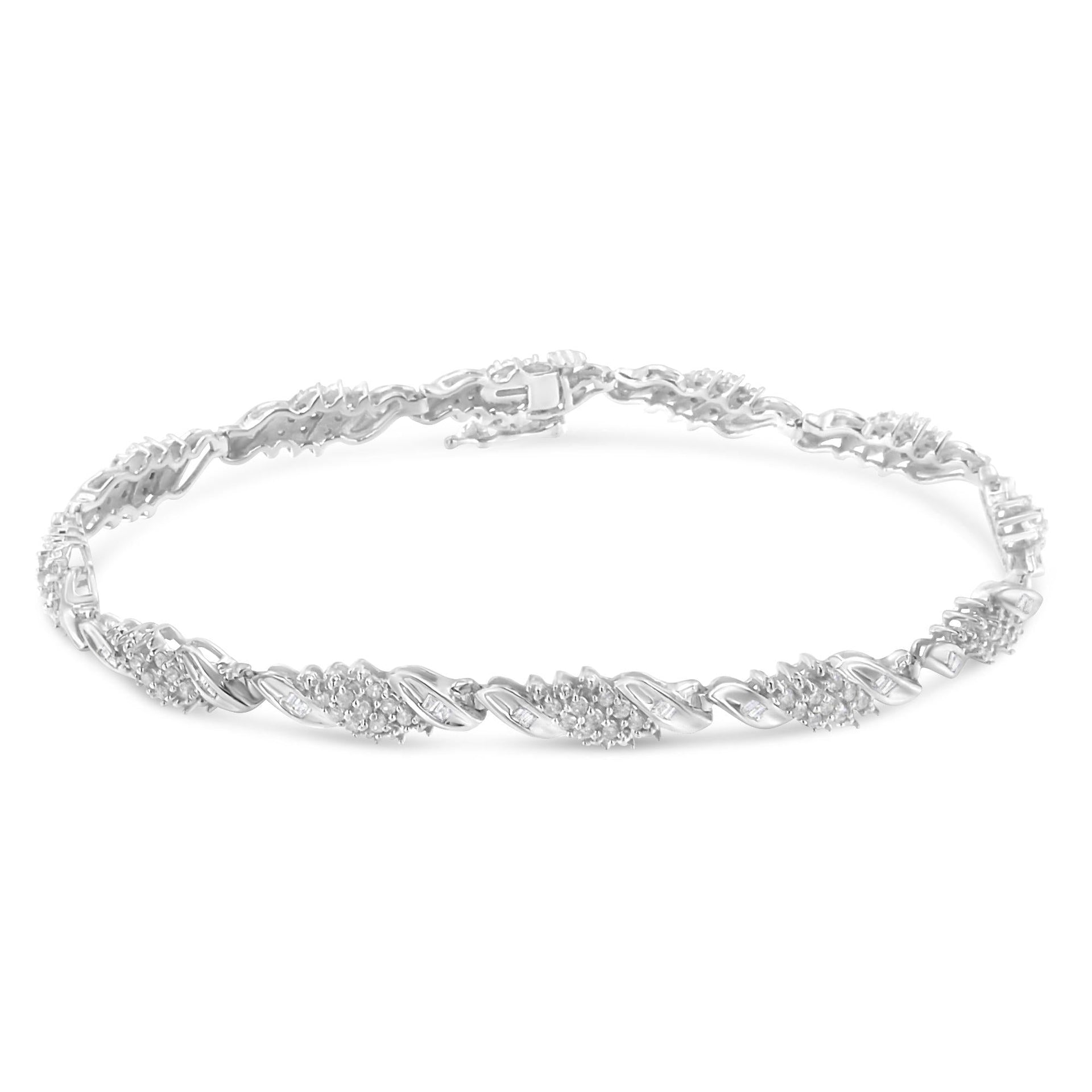.925 Sterling Silver 1-1/2 Cttw Round and Baguette Cut Diamond Wave Link Bracelet (I-J Color, I2-I3 Clarity) - 7'