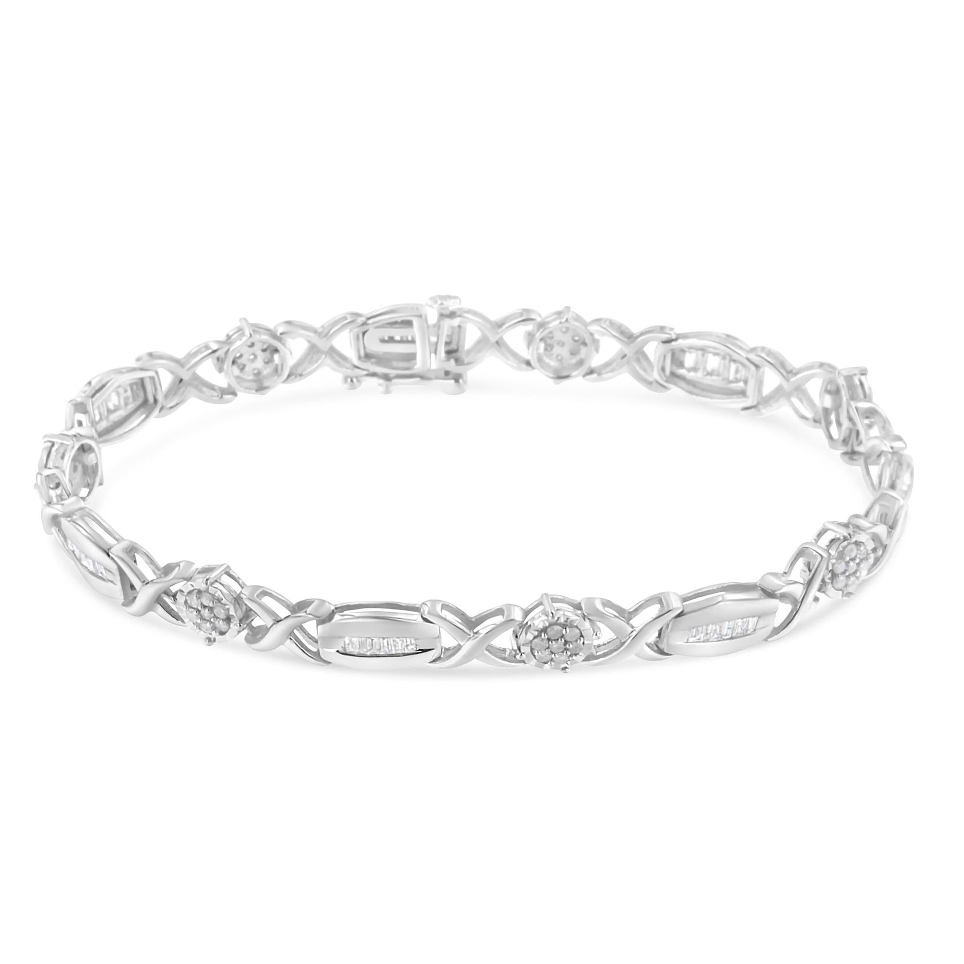 .925 Sterling Silver 1.0 Cttw Round-Cut and Baguette-Cut Diamond X-Link Bracelet (I-J Color, I1-I2 Clarity) - 7'