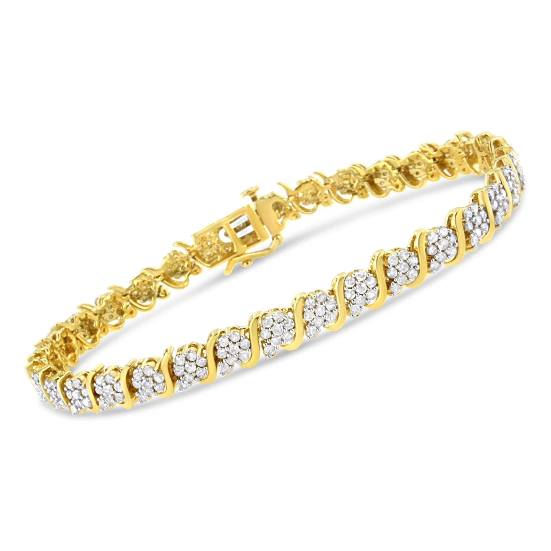 14K Yellow Gold Plated .925 Sterling Silver 3.00 Cttw Diamond Alternating Flower Cluster and 'S' Link Tennis Bracelet (L-M Color, I2-I3 Clarity) - 7.25'