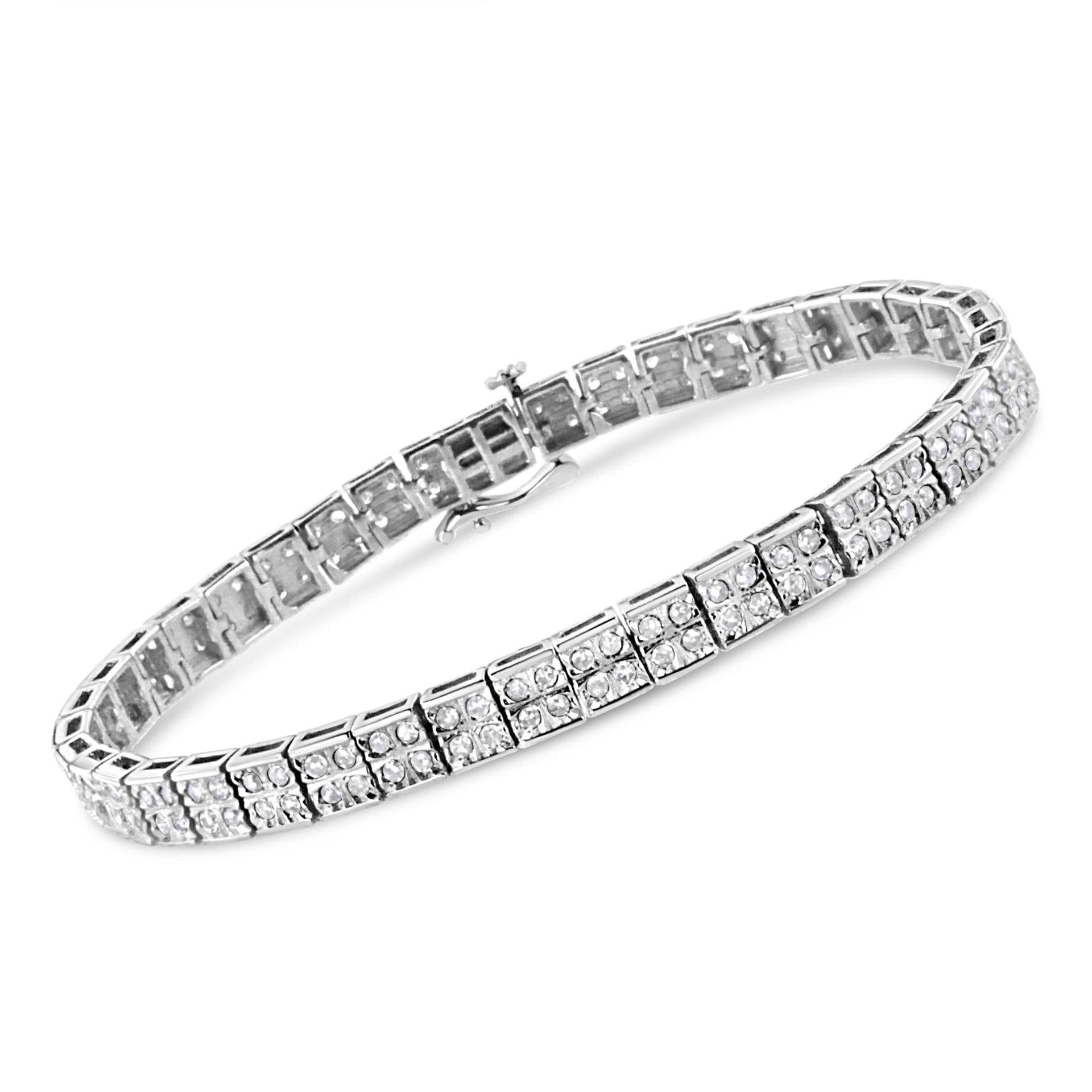 .925 Sterling Silver 2 Cttw Prong Set Round-Cut Diamond 4 Stone Box Link Bracelet (I-J Color, I3 Clarity) - 7.25'