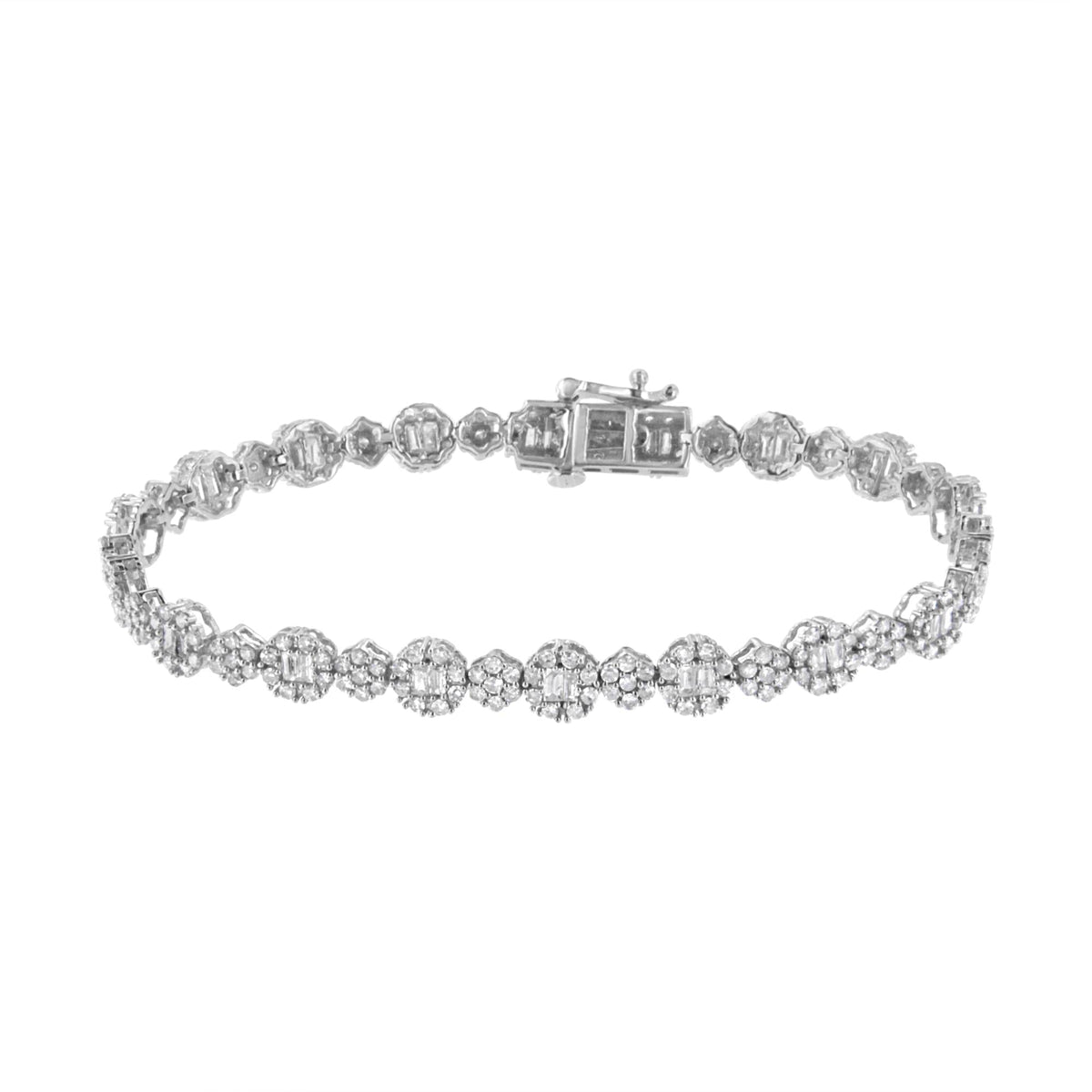 10K White Gold 4.0 cttw Brilliant Round-cut and Baguette Diamond Floral Cluster Link Bracelet (I-J Clarity, I1-I2 Color) - Size 7'