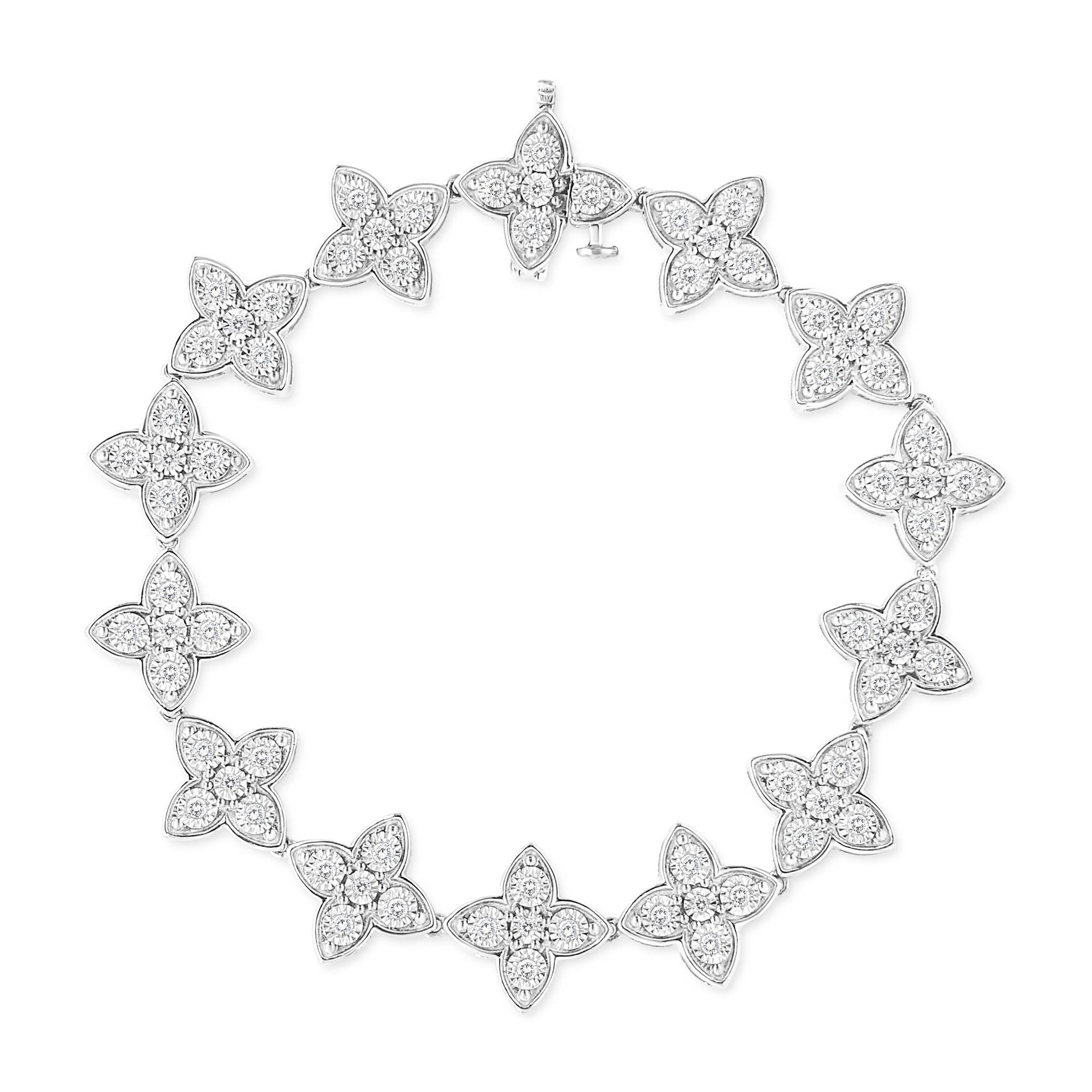 .925 Sterling Silver 1 cttw Miracle-Set Diamond 4 Leaf Clover Link Bracelet (I-J Clarity, I3 Color) - Size 7.25'