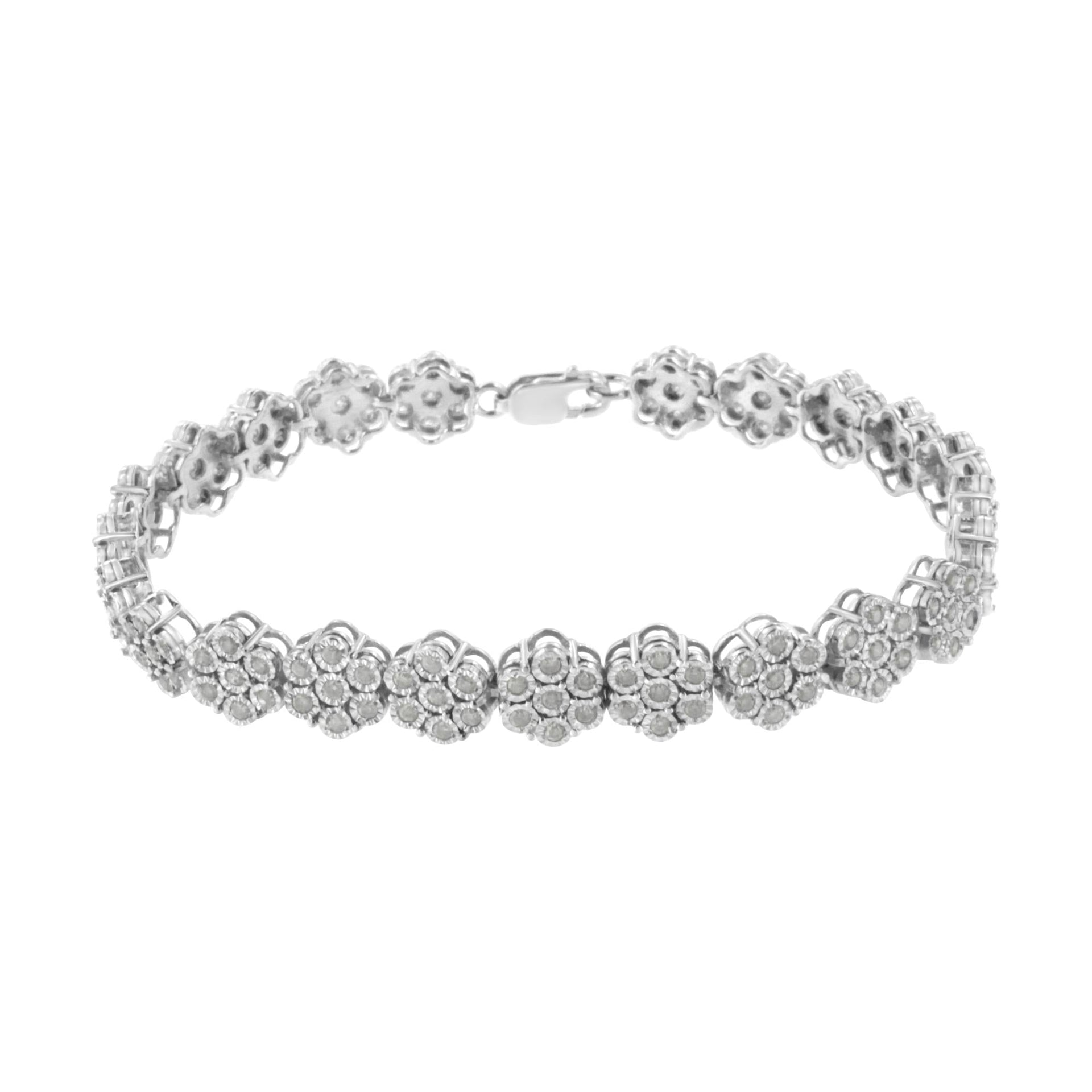 .925 Sterling Silver 2.0 cttw Diamond 7 Stone Floral Cluster Link Bracelet (I-J Color, I3 Clarity) -7.25'