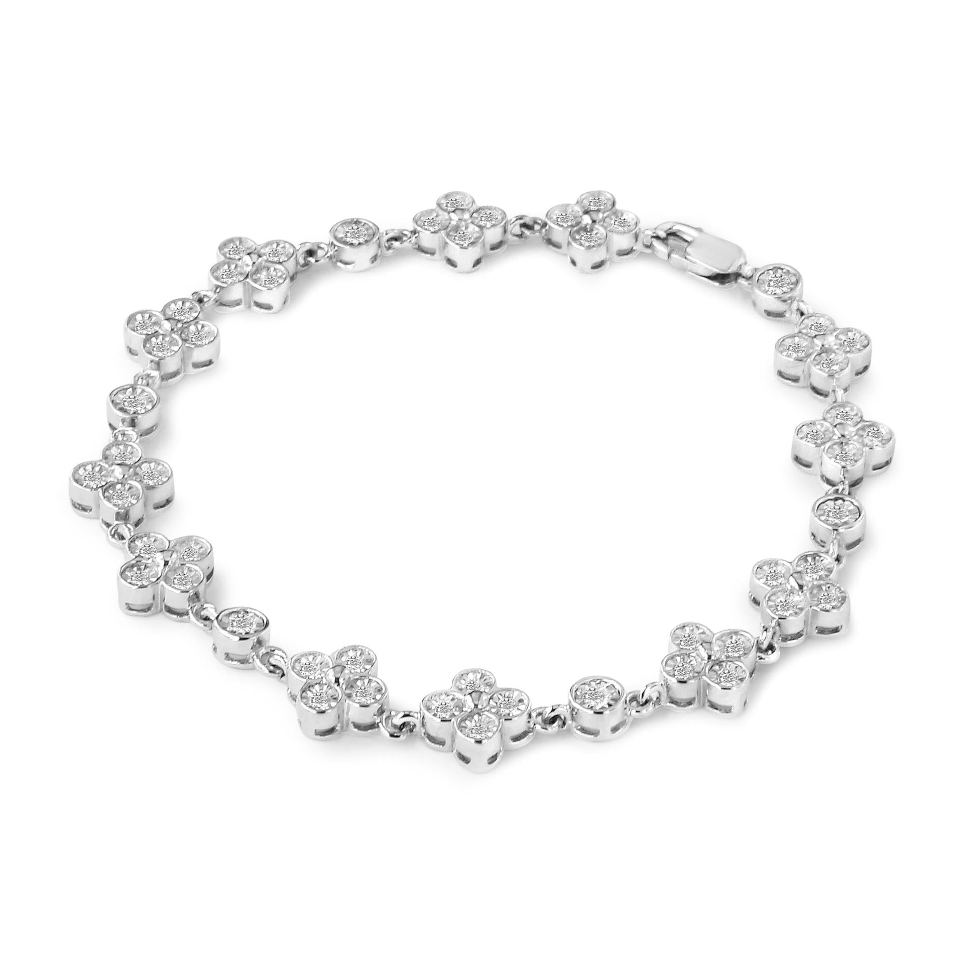 .925 Sterling Silver 1.0 Cttw Miracle-Set Diamond 4 Leaf and Solitaire Station Link Bracelet (I-J Color, I3 Clarity) - 7.25'