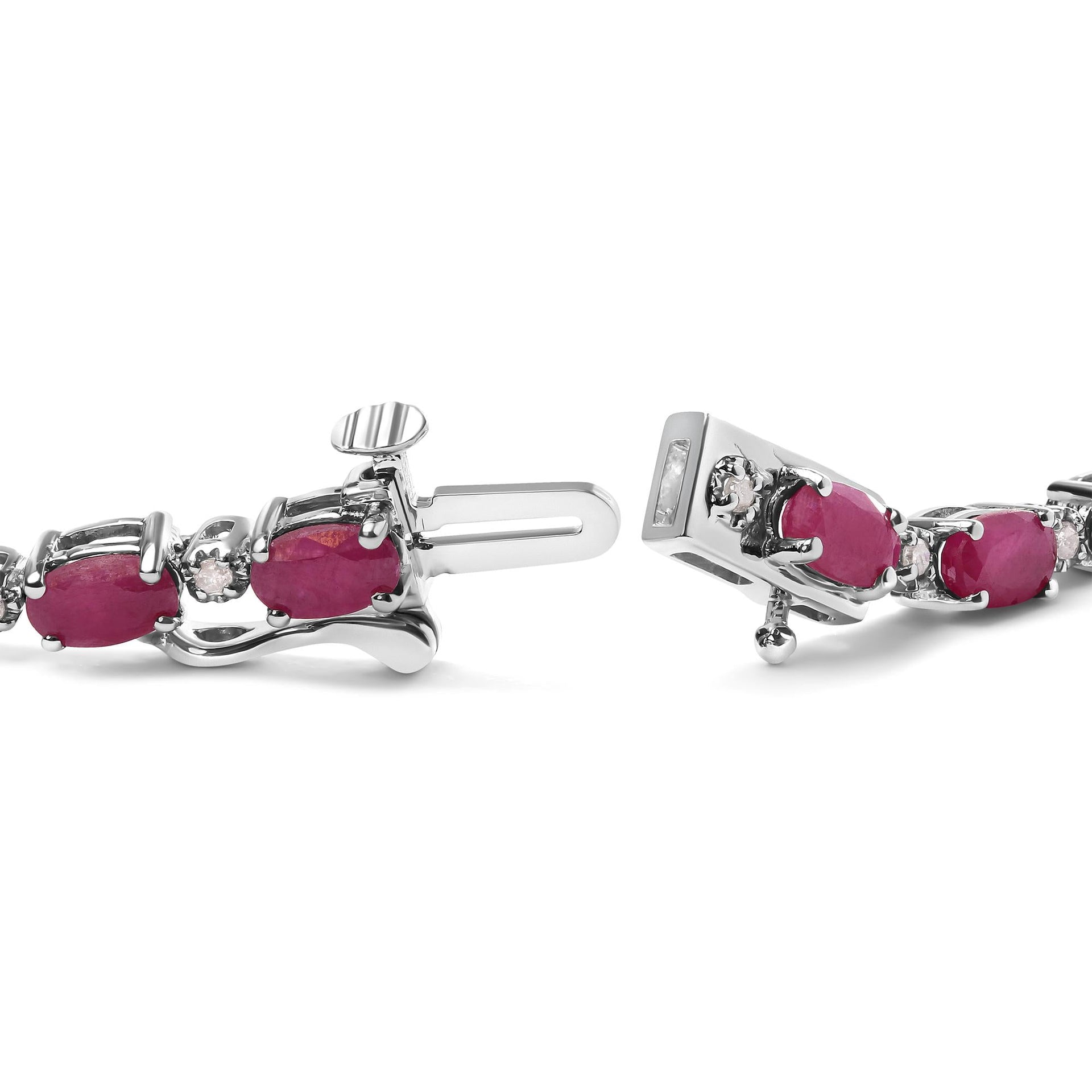 .925 Sterling Silver Oval Ruby and 1/4 Cttw Diamond Link Bracelet - Size 7.25' -  (I-J Color, I2-I3 Clarity)