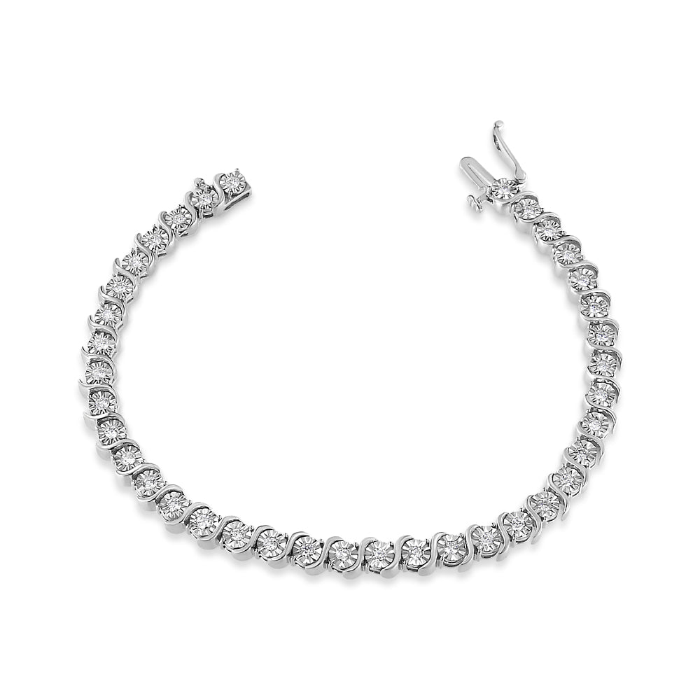 14K White Gold 1.00 Cttw Lab Grown Diamond Round Miracle Plate and 'S' Link Tennis Bracelet (F-G Color, VS2-SI1 Clarity) Size 7'