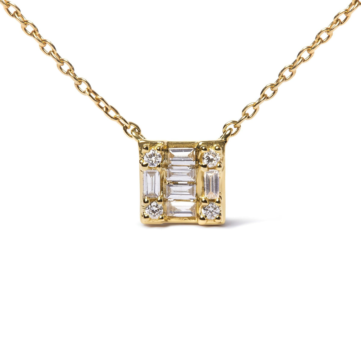 10K Yellow Gold 1/10 Cttw Round and Baguette Diamond Mosaic Composite Square 18' Inch Pendant Necklace (H-I Color, I1-I2 Clarity)