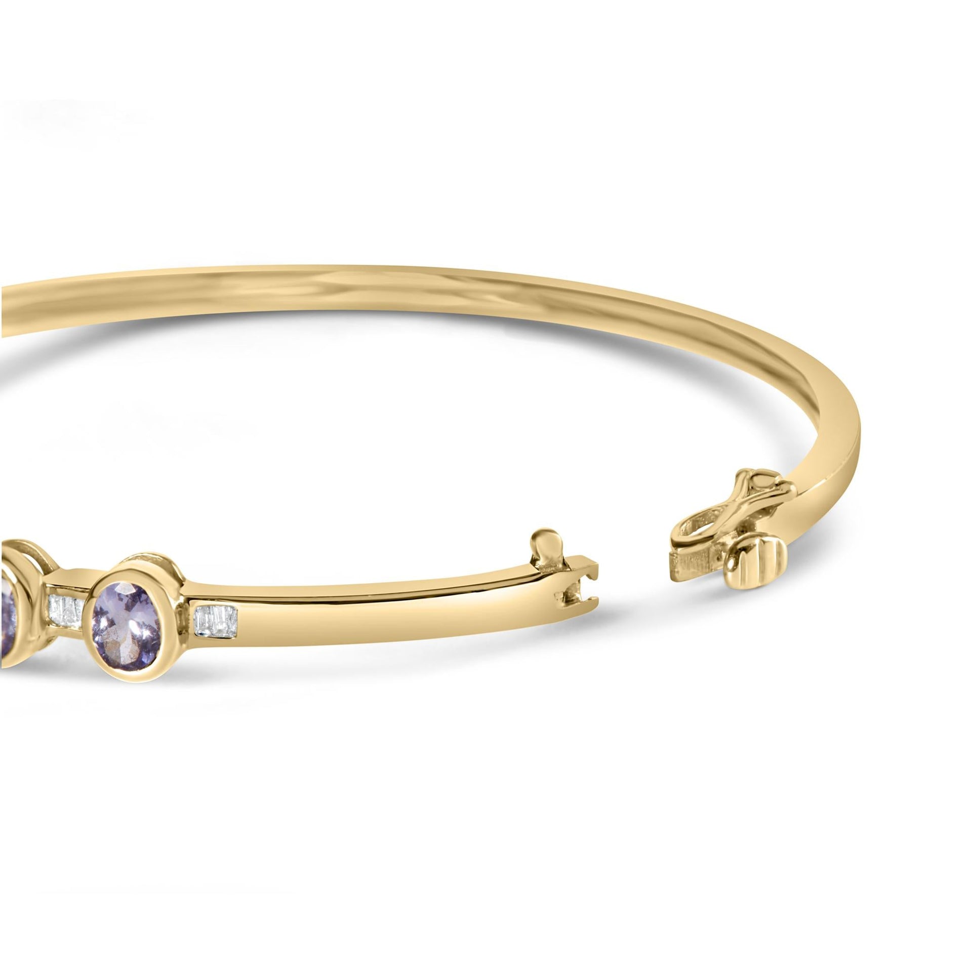 14K Yellow Gold Alternating Bezel Set 5MM Oval Shaped Tanzanite and 1/5 Cttw Diamond Bangle Bracelet (H-I Color, VS2-SI1 Clarity) - Fit's wrists up to 7.25' Inches
