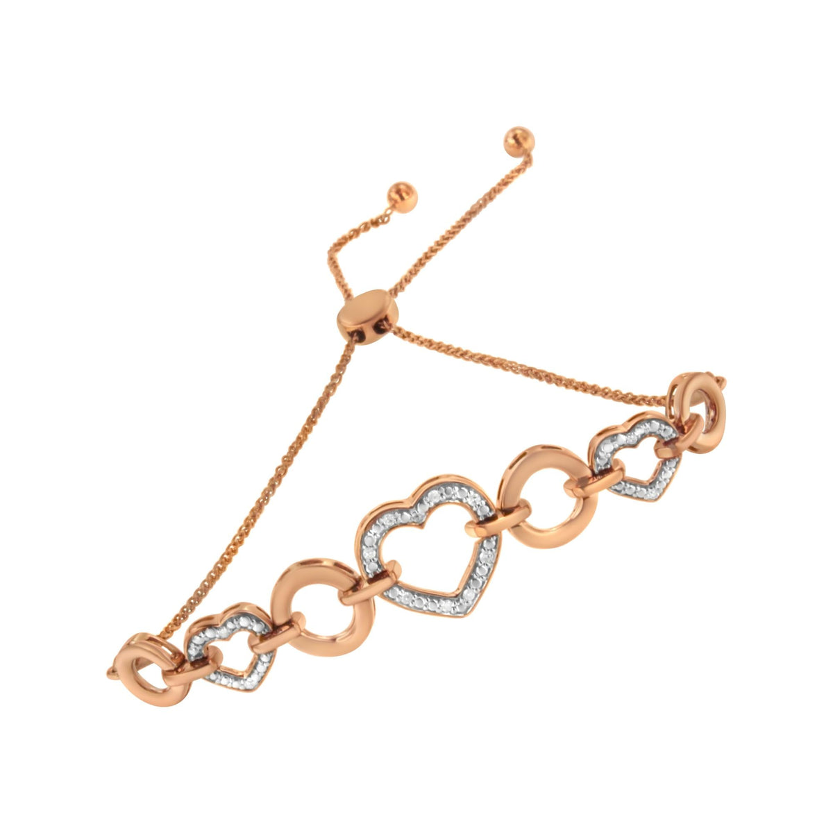 10K Rose Gold over .925 Sterling Silver 1/10 Cttw Round-Cut Diamond Heart Link Adjustable Bolo Bracelet (H-I Color, I2-I3 Clarity) - 6'-9' Adjustable