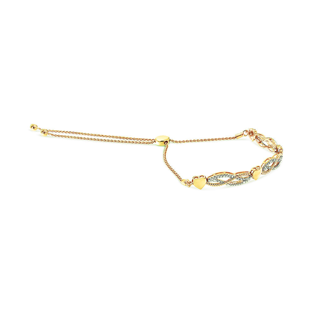 14K Yellow Gold Plated .925 Sterling Silver 1/10 Cttw Diamond Wave and Hearts Bolo Bracelet (I-J Color, I2-I3 Clarity) - 4'-10' Adjustable