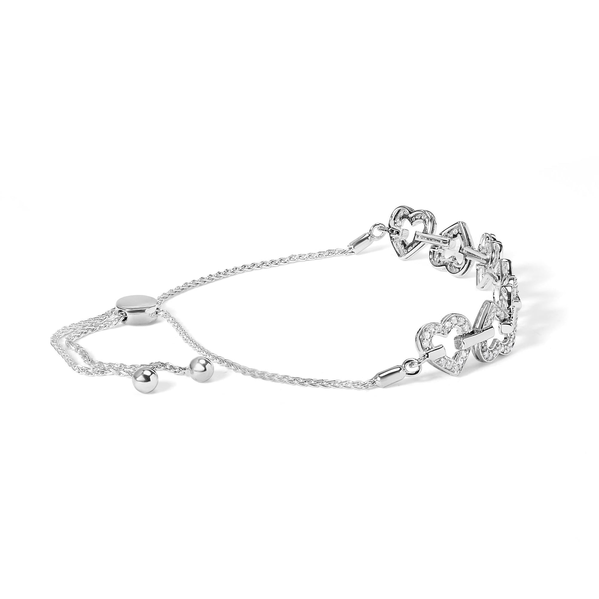 .925 Sterling Silver 1/2 Cttw Diamond Alternating Heart Link Adjustable Bolo Bracelet (I-J Color, I3 Clarity) - 4' to 10' Inches