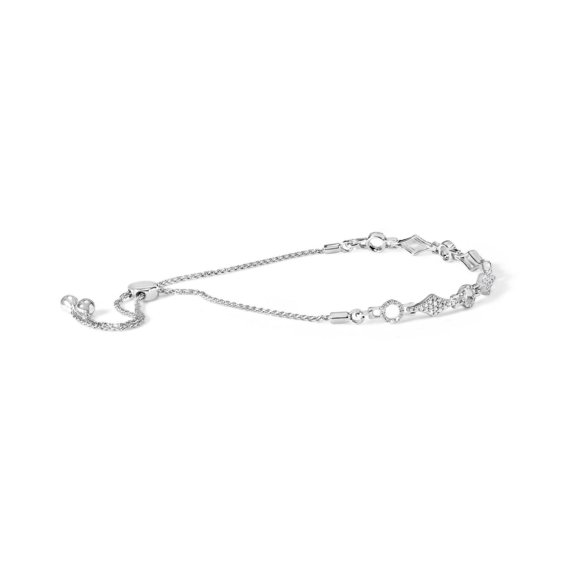 .925 Sterling Silver 1/2 Cttw Diamond Alternating Circle and Kite Link Adjustable Bolo Bracelet (I-J Color, I3 Clarity) - 4' to 10' Inches