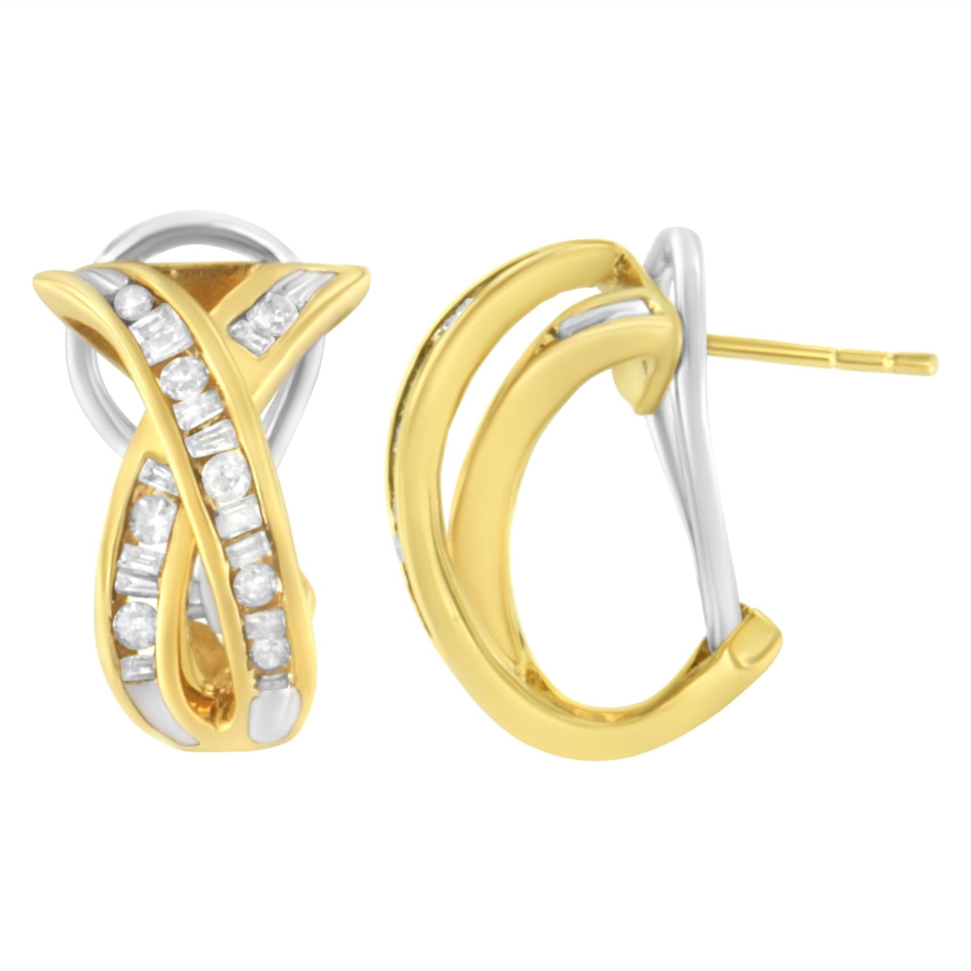 14K Yellow and White Gold 1/2 TDW 'X' Shape Cross Over Diamond Hoop Earrings (I-J, I2-I3)