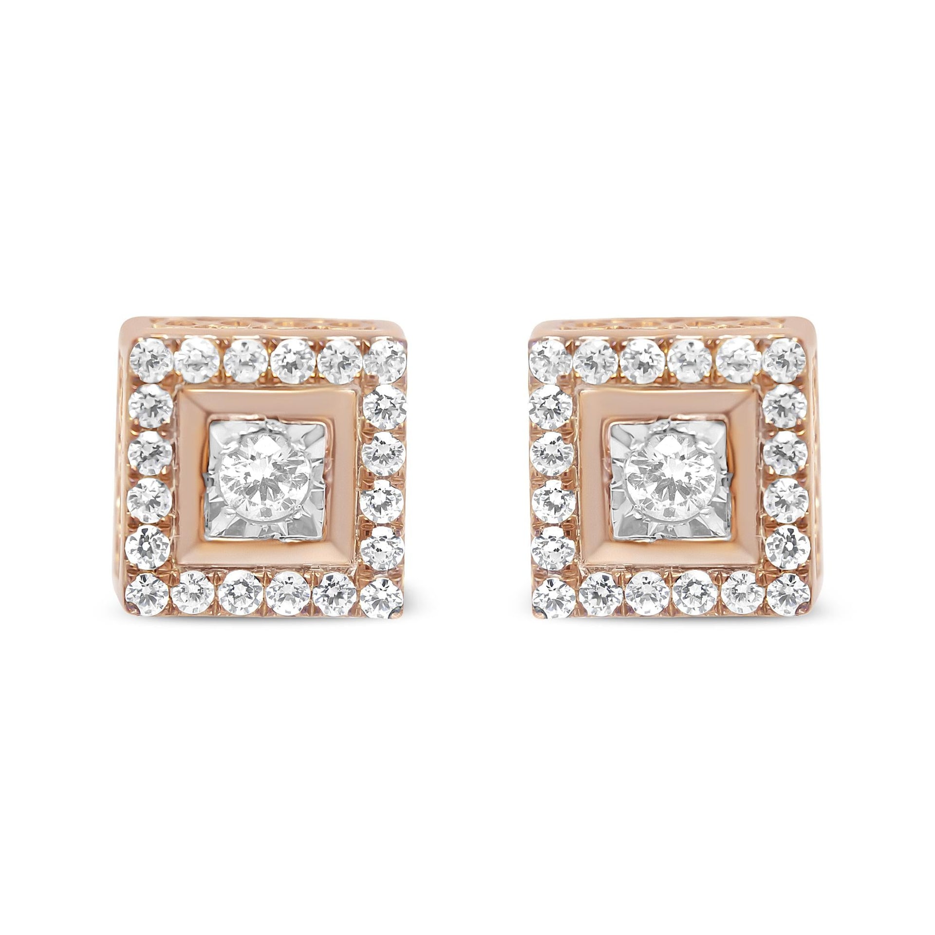 14K Rose Gold Plated .925 Sterling Silver 1/2 Cttw Diamond Halo Square-Shaped Frame Stud Earring (I-J Color, I3 Clarity)