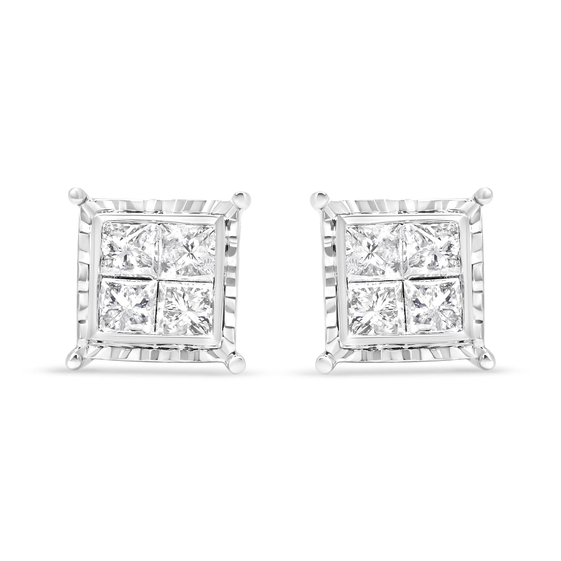 14K White Gold 1 1/2 Cttw Invisible Set Princess-Cut Diamond Contemporary Wavy Quad Stud Earrings (I-J Color, I1-I2 Clarity)
