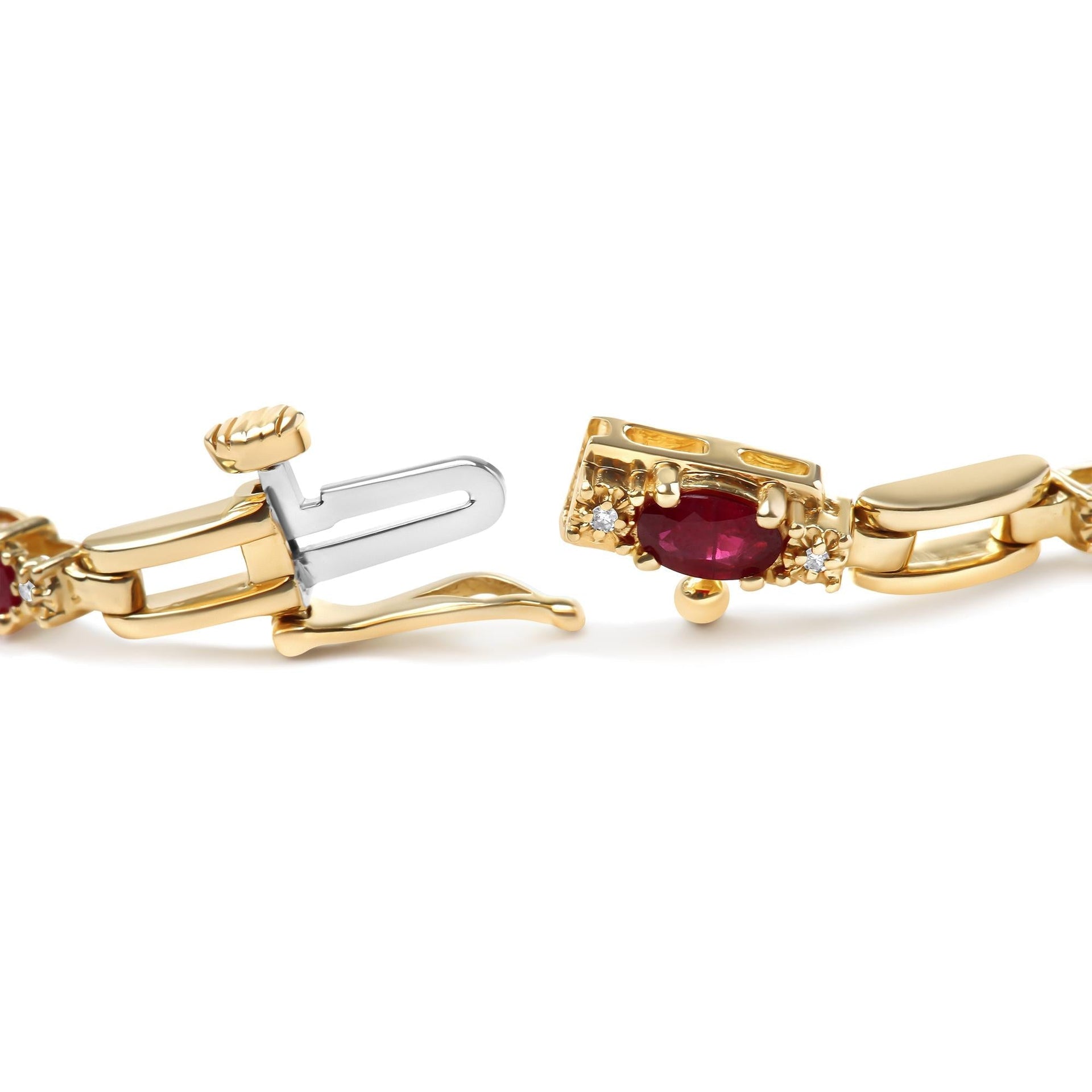 10K Yellow Gold Oval Ruby and 1/10 Cttw Diamond Bar Prong Set Bracelet (H-I Color, SI1-SI2 Clarity)  - Size 7'