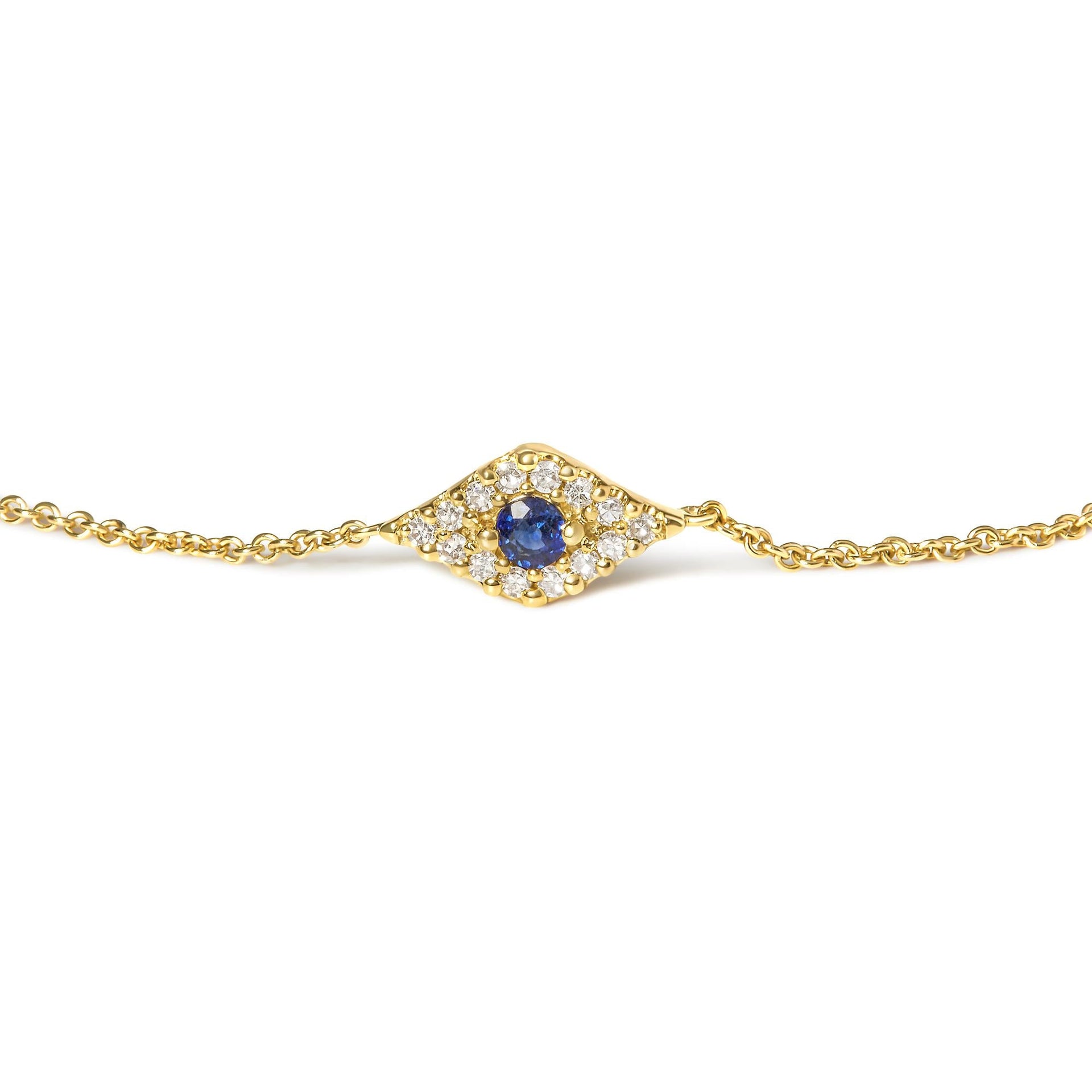 10K Yellow Gold Blue Sapphire and Diamond Accent Evil Eye Station Link Bracelet  (H-I Color, I1-I2 Clarity) - Size 7'