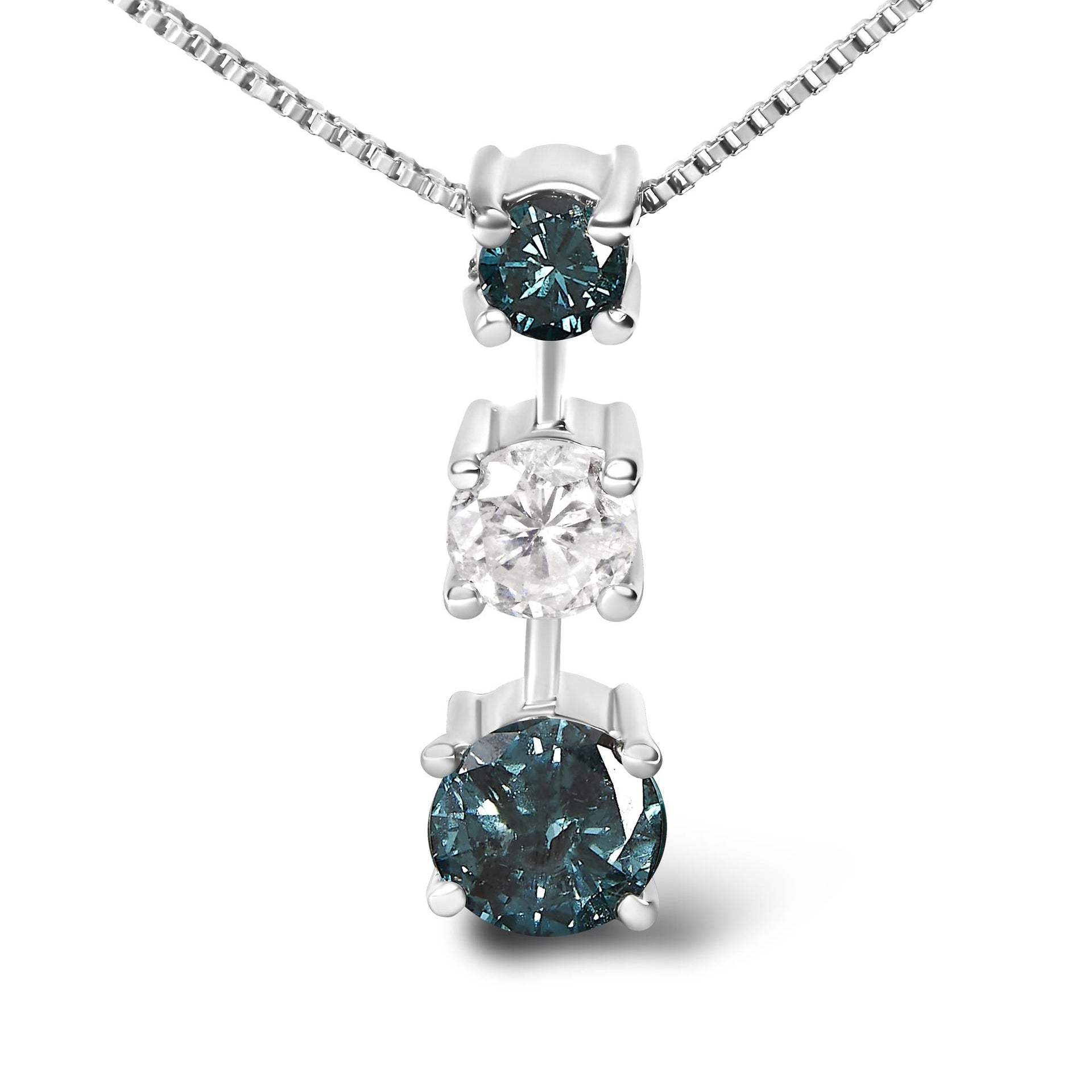 14K White Gold 1 1/2 Cttw Treated Blue and White Diamond 3-Stone 18' Pendant Necklace (Blue/H-I Color, I1-I2 Clarity)
