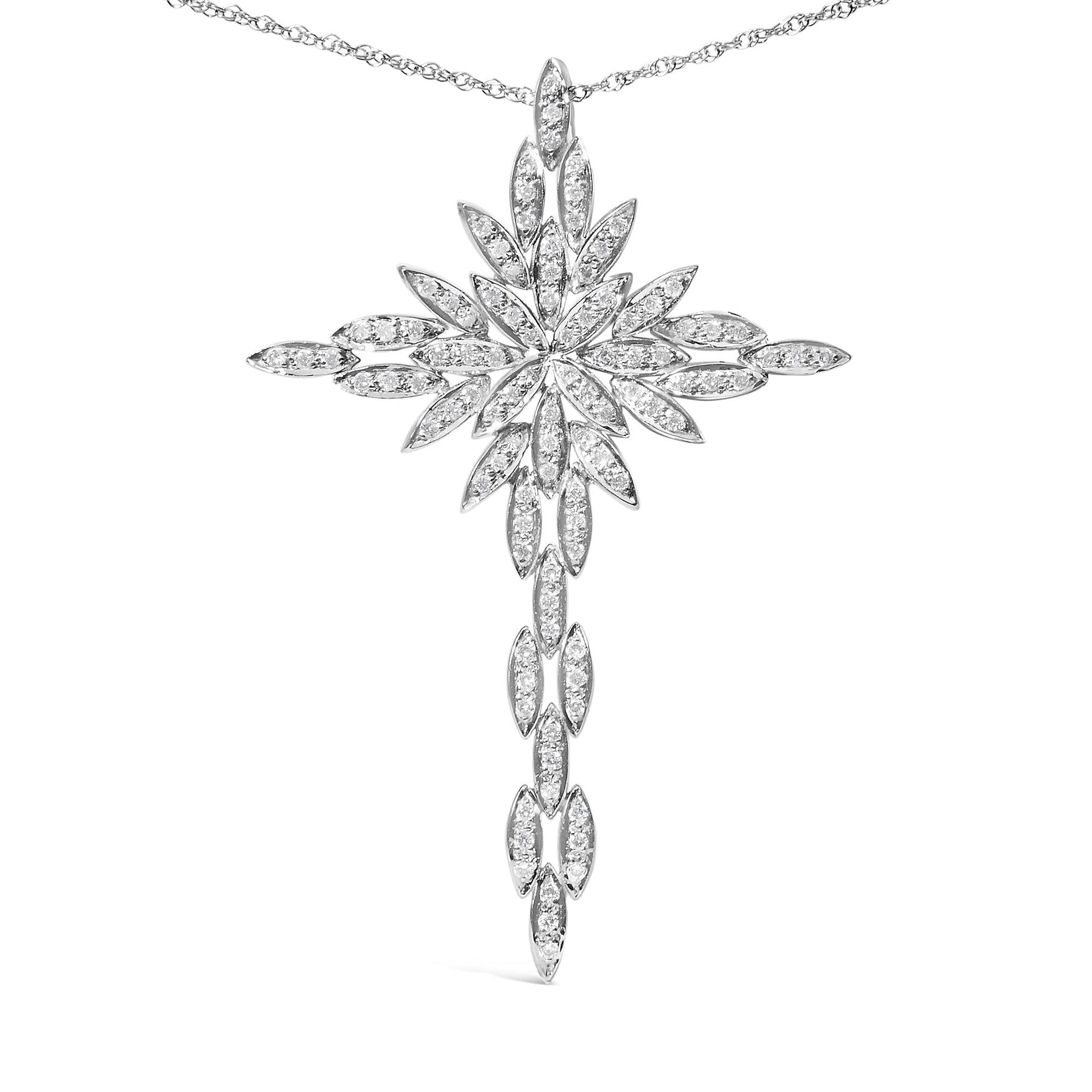 14K White Gold 1.0 Cttw Cocktail Cluster Cross 18' Pendant Necklace (H-I Color, SI1-SI2 Clarity)