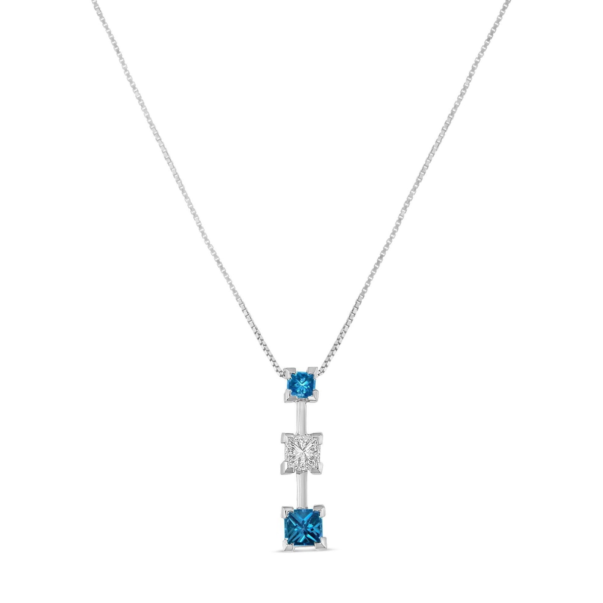 14K White Gold 7/8 cttw Treated Blue and White Princess Cut Diamond Pendant Necklace (H-I, SI2-I1)