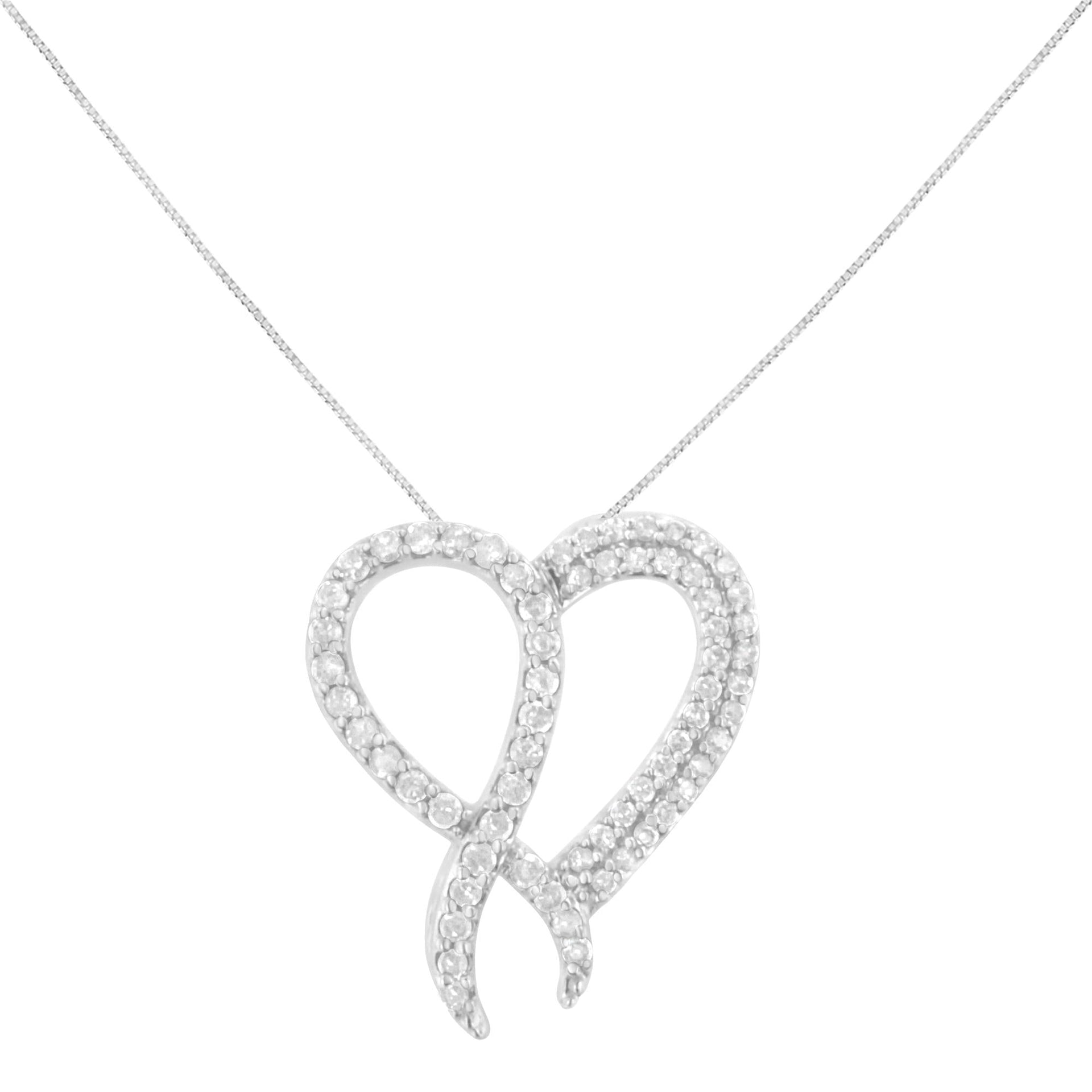 .925 Sterling Silver 1 cttw Diamond Heart and Ribbon 18' Pendant Necklace (I-J Clarity, I2-I3 Color) - 18'