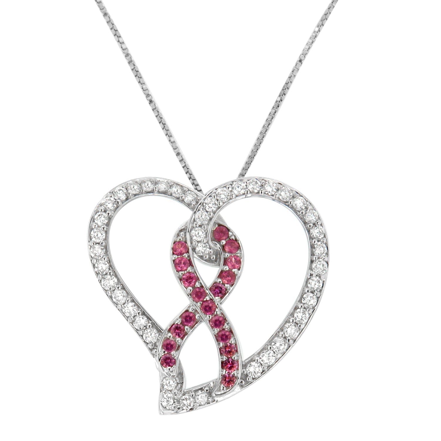 14K White Gold 3/4 Cttw White Diamond Awareness Ribbon & Open Heart 18' Pendant Necklace (H-I Color, I1-I2 Clarity) - 3/8 Cttw Created Pink Sapphire Ribbon