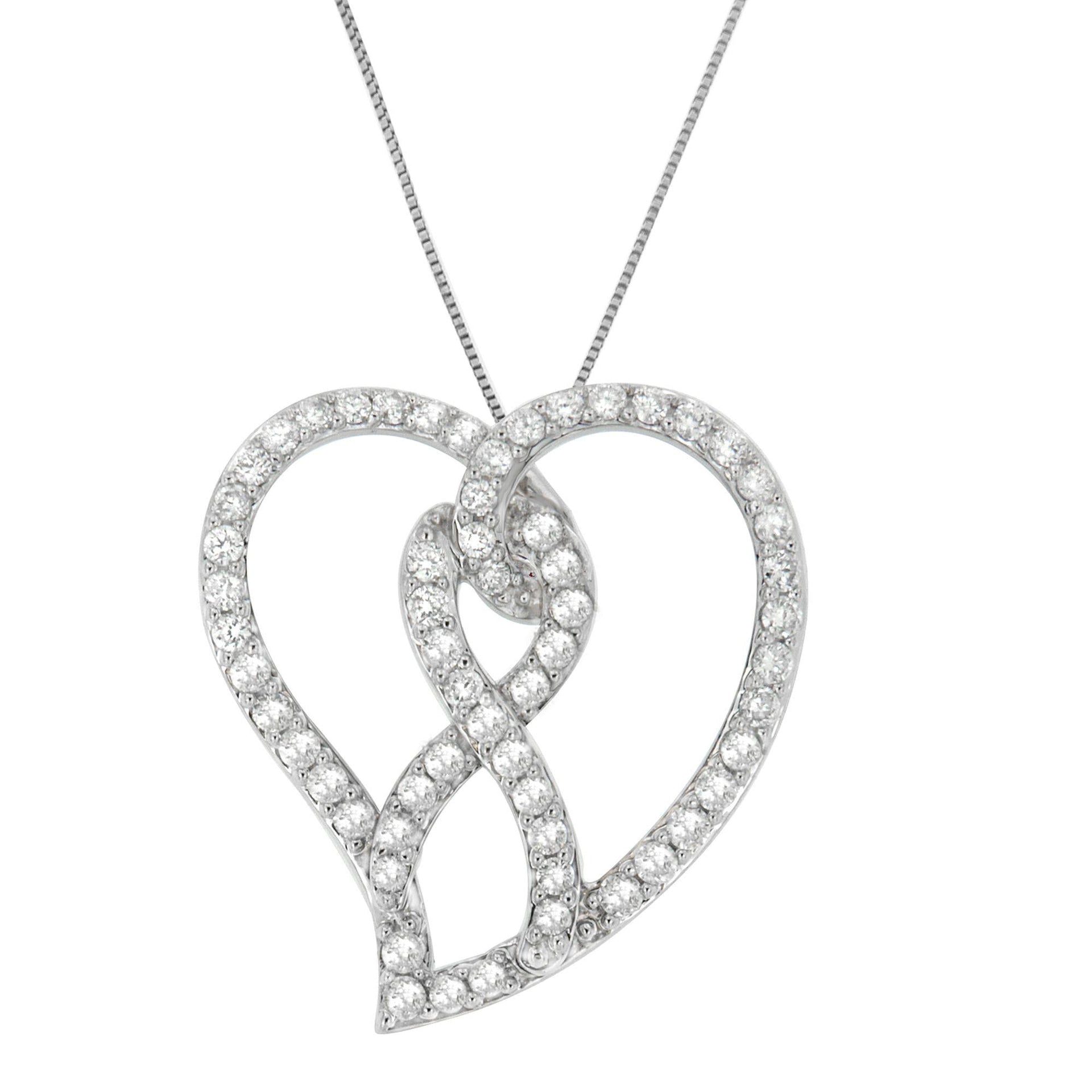 14K White Gold 1.0 Cttw White Diamond Awareness Ribbon & Open Heart 18' Pendant Necklace (H-I Color, I1-I2 Clarity) - White Diamond Ribbon