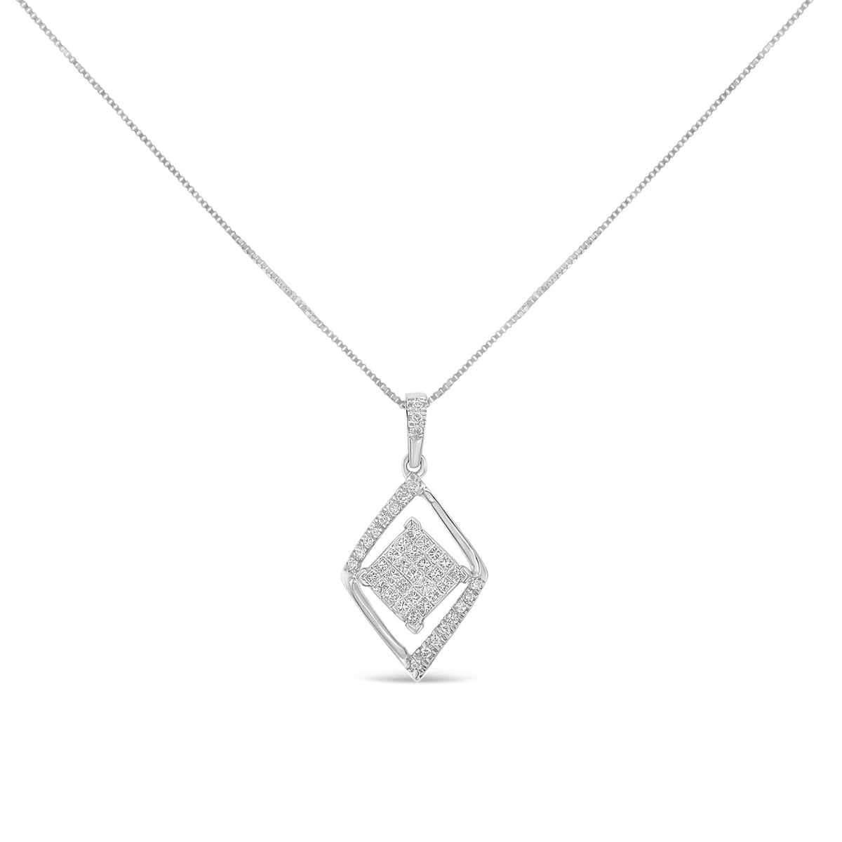 10k White Gold 1/3 Cttw Round and Princess-Cut Diamond Double Triangle 18' Pendant Necklace (H-I Color, SI1-SI2 Clarity)