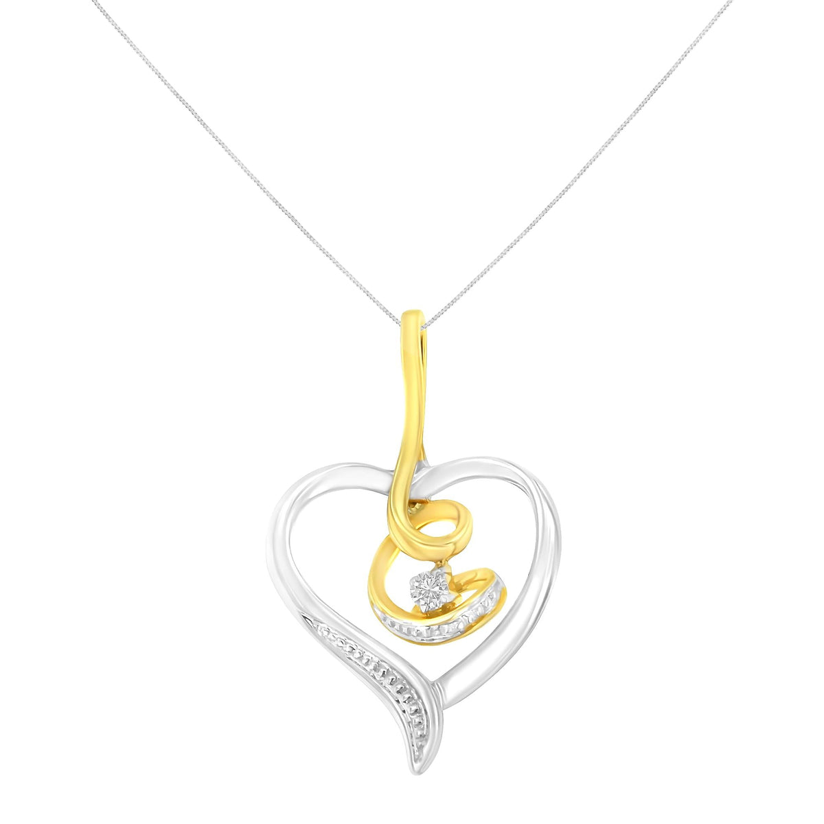 Espira 10K Two-Tone Yellow & White Gold .03 Cttw Diamond-Accented Round-Cut Diamond Swirl Open Heart 18' Pendant Necklace (I-J Color, I2-I3 Clarity)