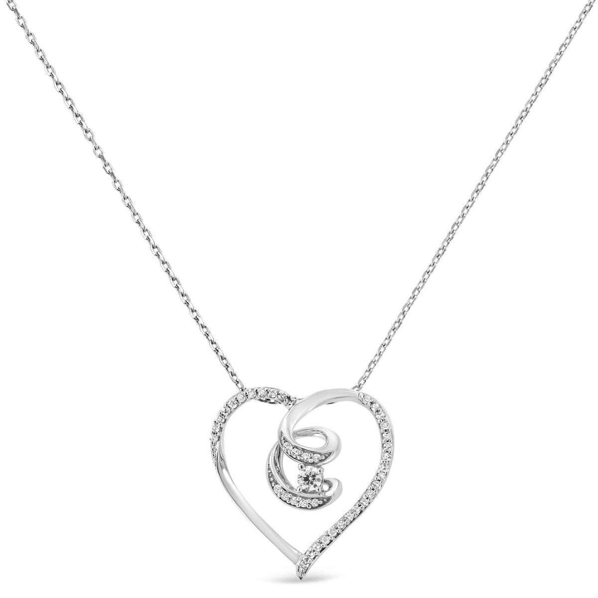 .925 Sterling Silver 1/4 Cttw Brilliant-Cut Diamond Open Heart Twisted Awareness Ribbon 18' Pendant Necklace (H-I Color, I1-I2 Clarity)